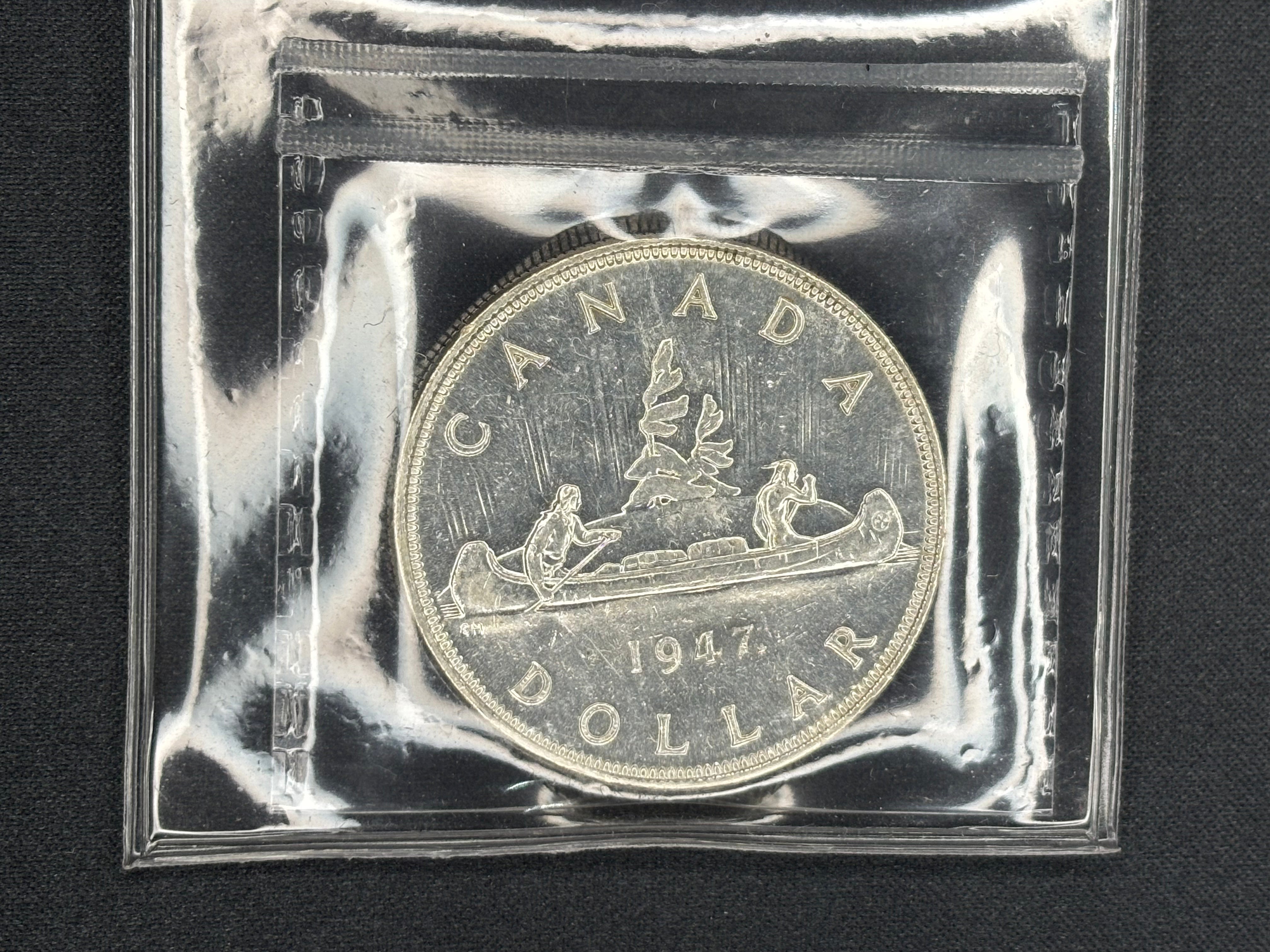 Canadian Silver Coin - Dollar - 1947 Maple Leaf  Double HP - MS60 ICCS