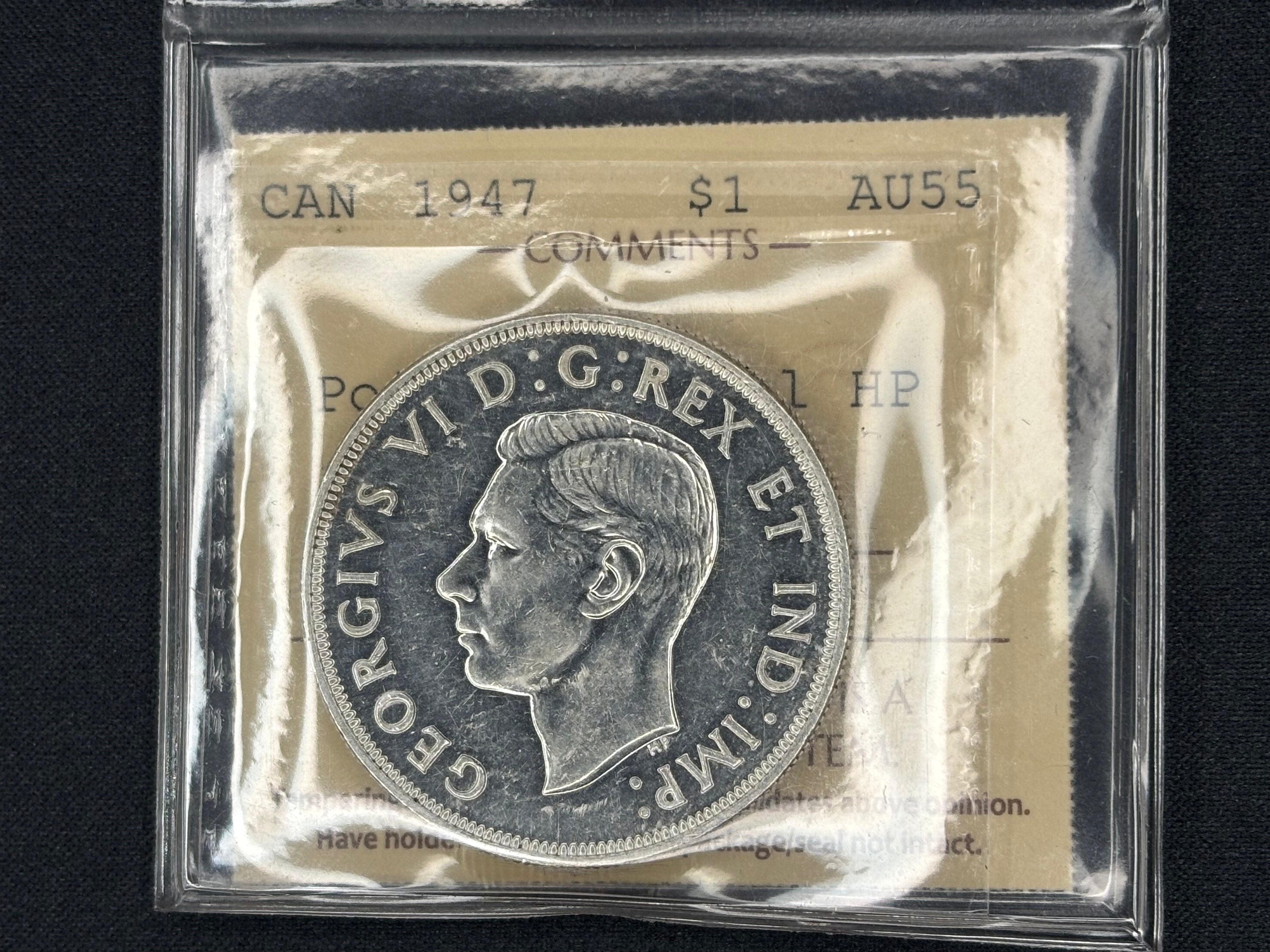Canadian Silver Coin - Dollar - 1947 P7 Double HP - AU55 ICCS