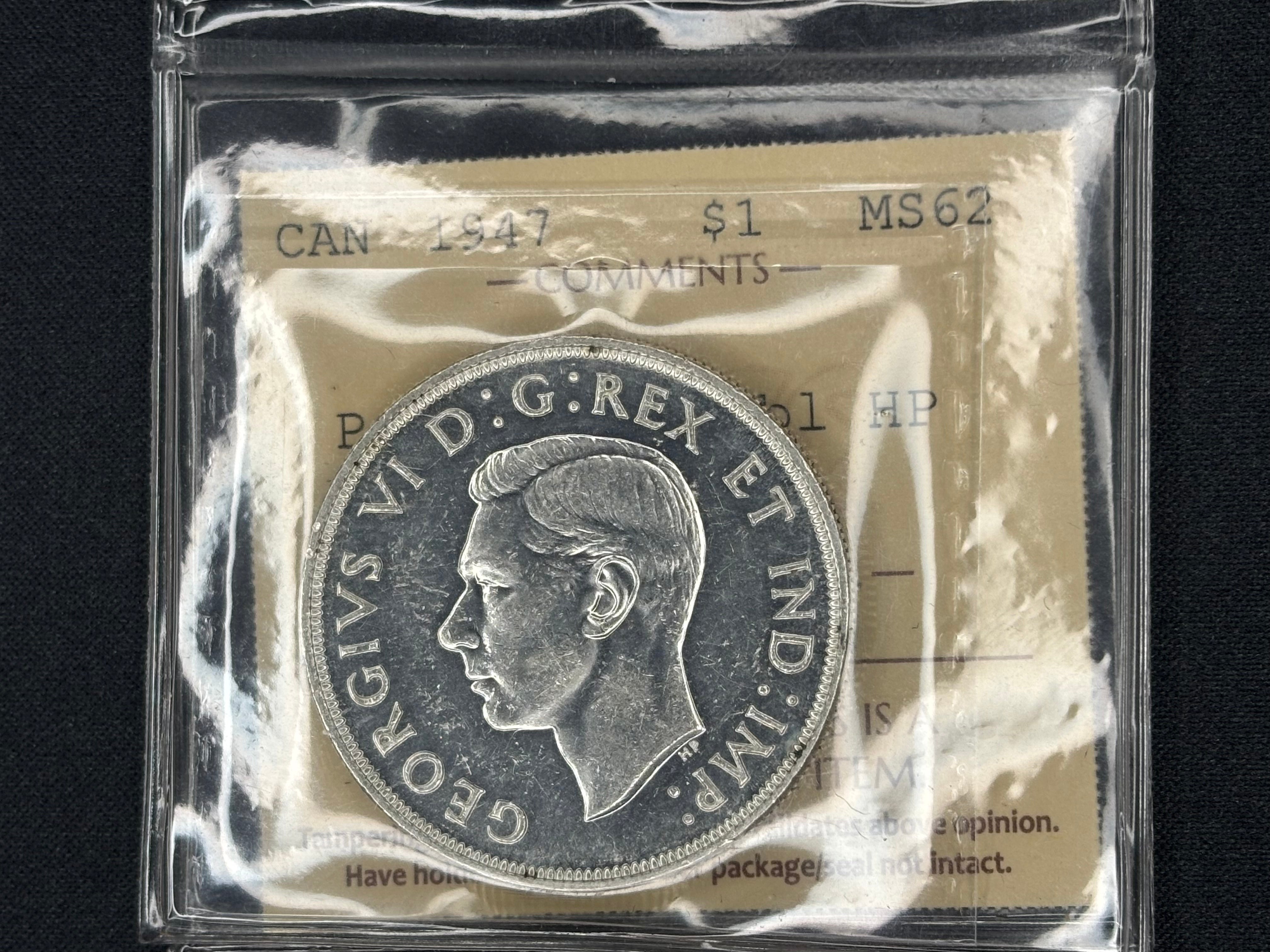 Canadian Silver Coin - Dollar - 1947 P7 Double HP - MS62 ICCS