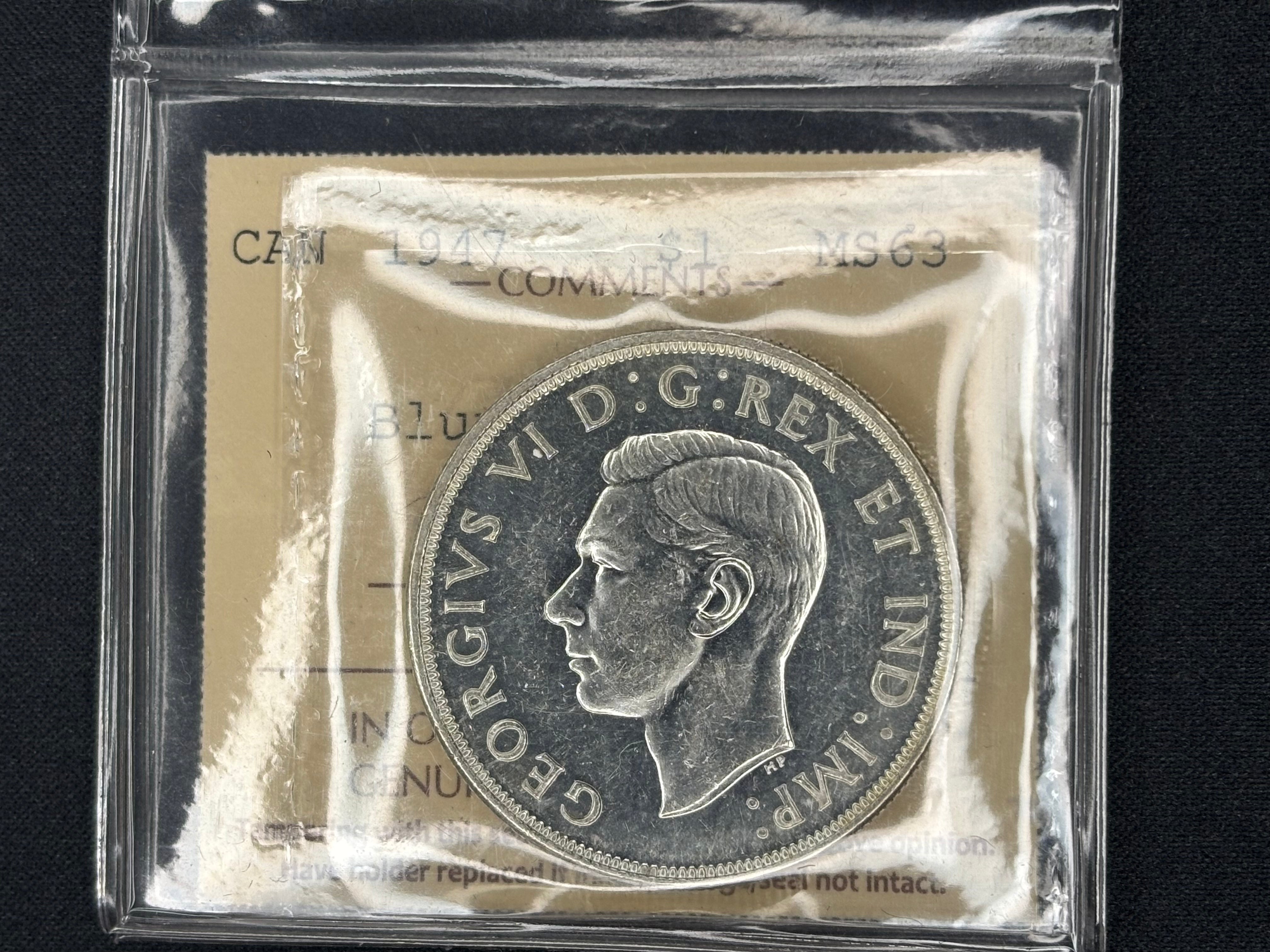 Canadian Silver Coin - Dollar - 1947 Blunt 7 7/7 - MS63 ICCS