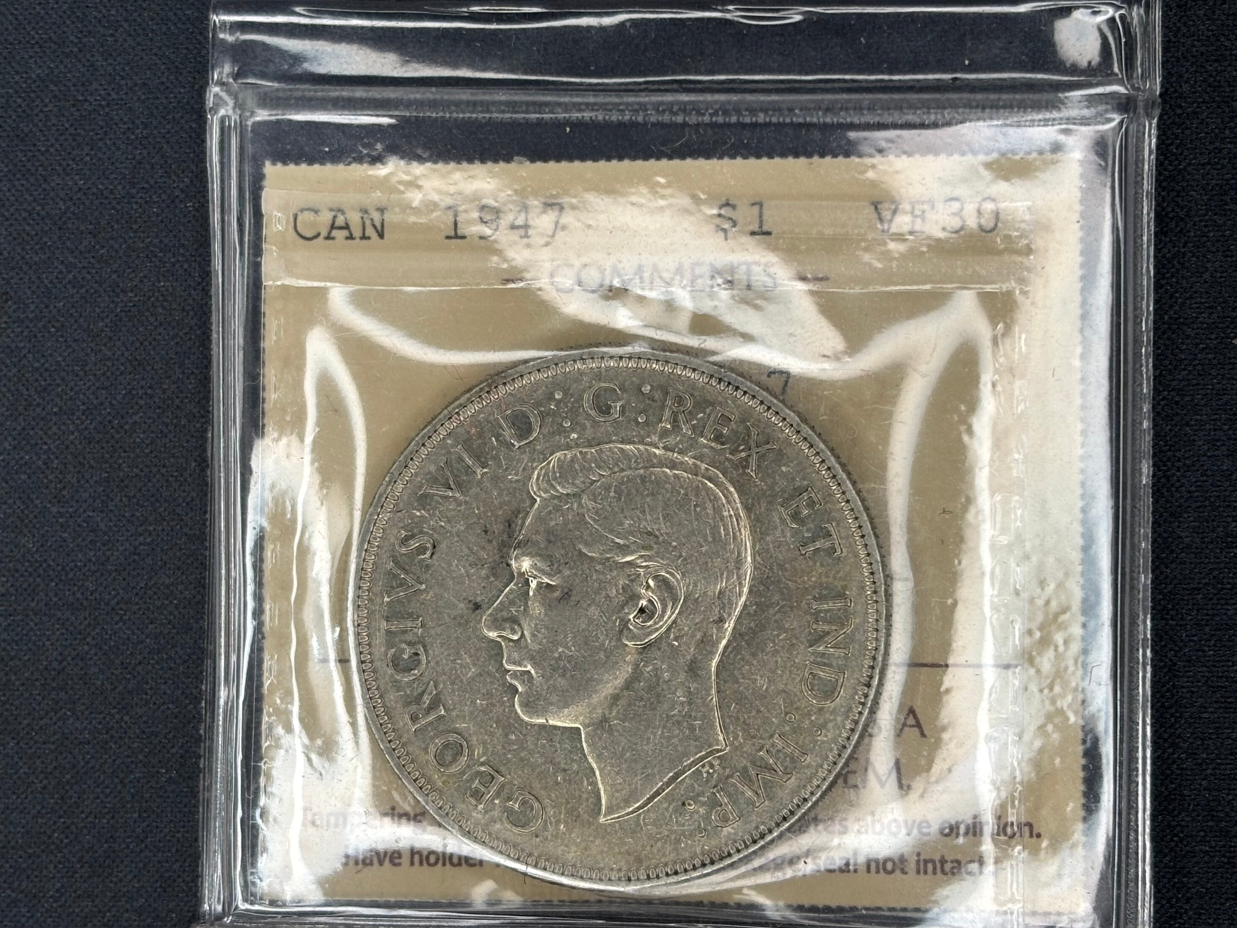 Canadian Silver Coin - Dollar - 1947 Pointed 7 - VF30 ICCS