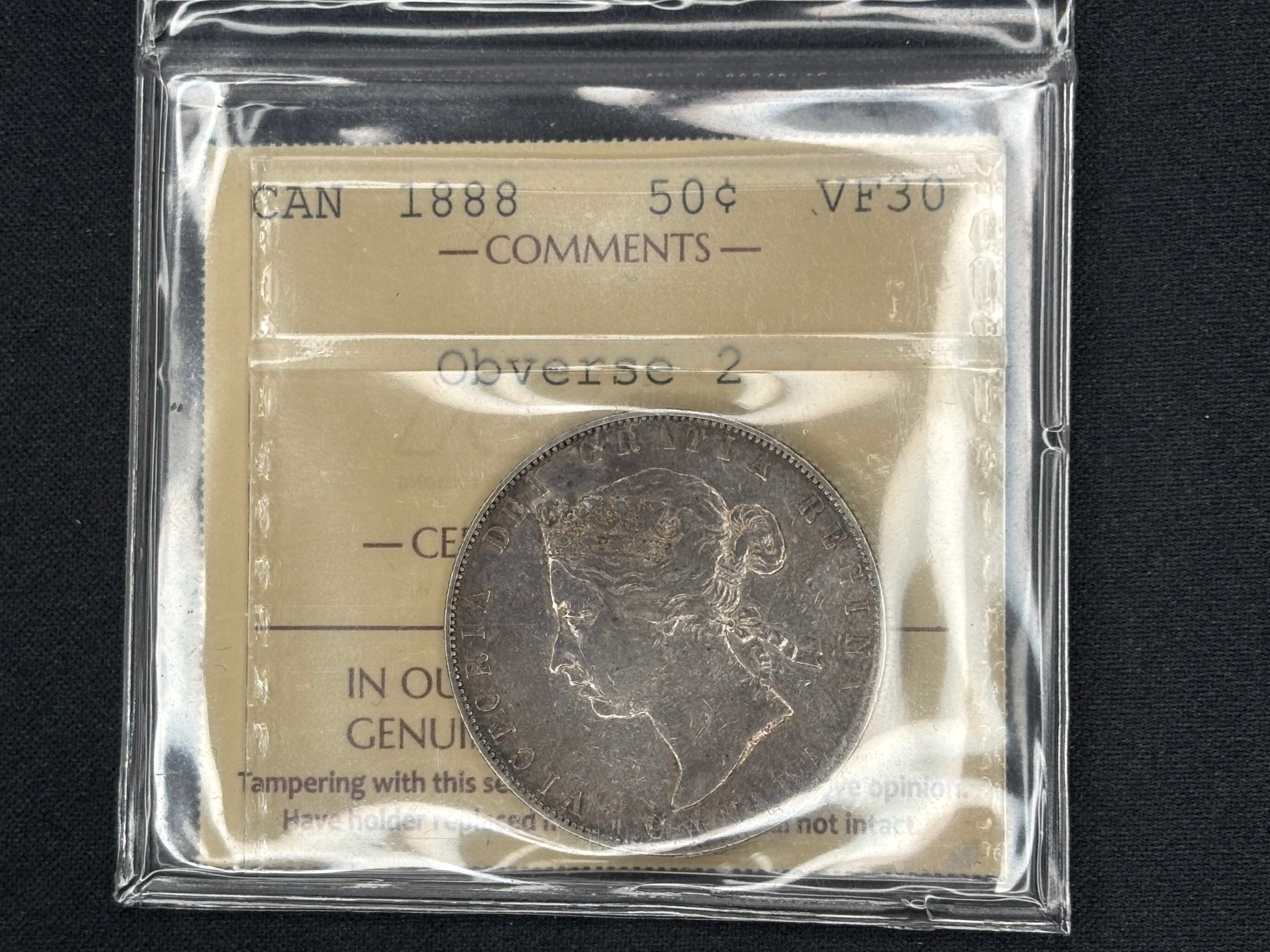Canadian Silver Coin - 50 cents - 1888 Obv 2 - VF30 ICCS