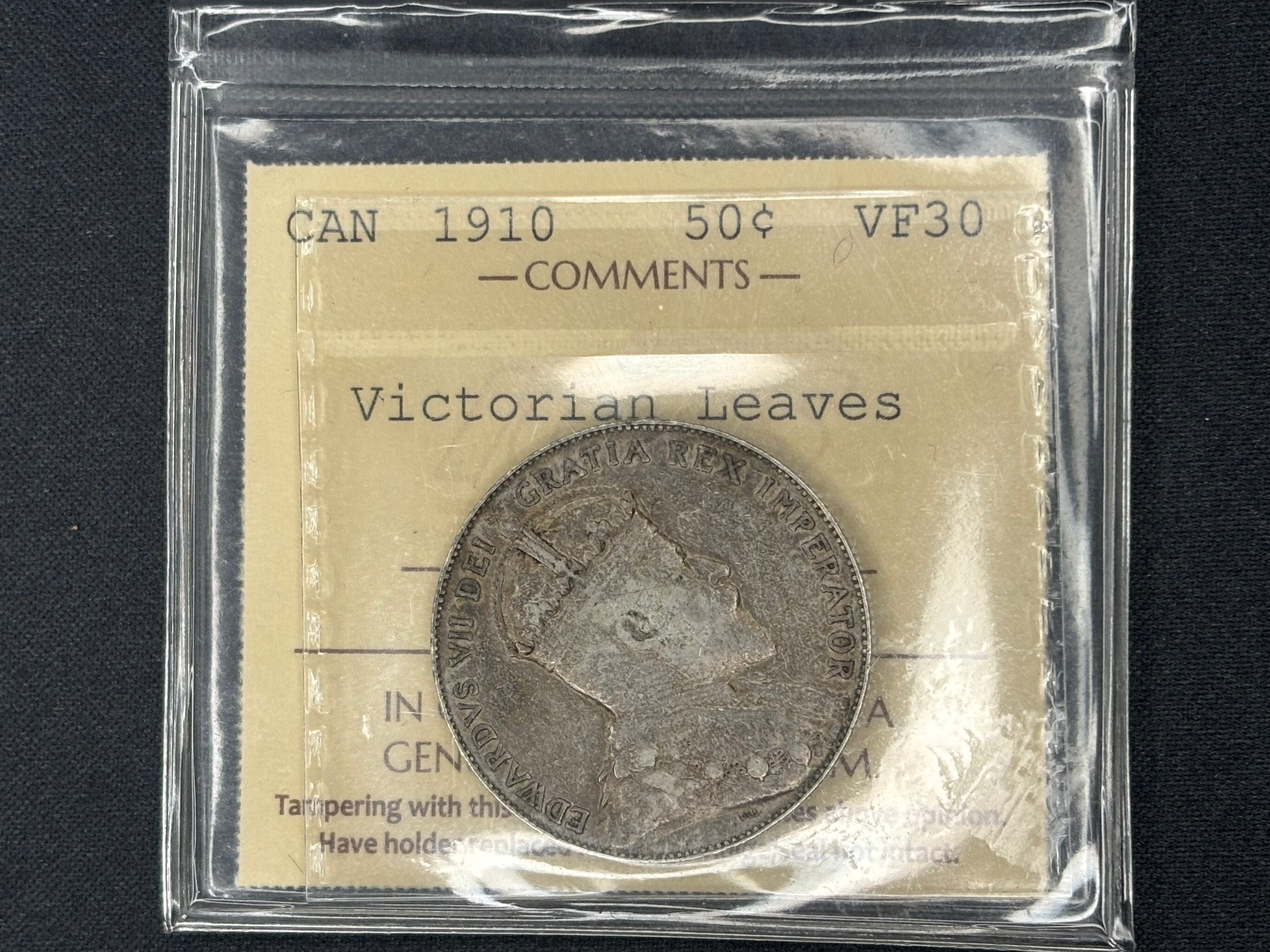 Canadian Silver Coin - 50 cents -1910 Victorian Leaves  - VF30 ICCS
