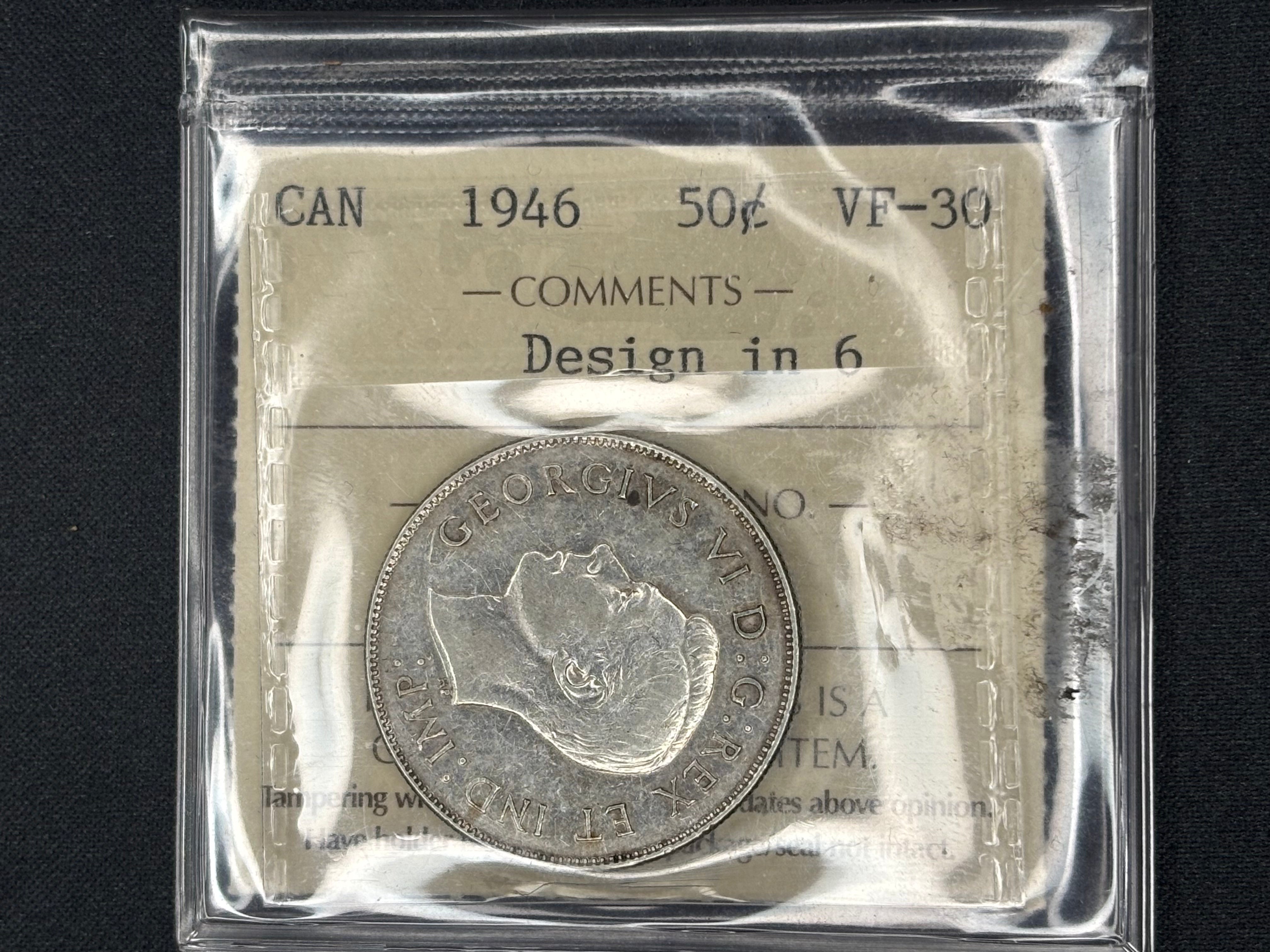 Canadian Silver Coin - 50 cent - 1946 Hoof - VF30 ICCS