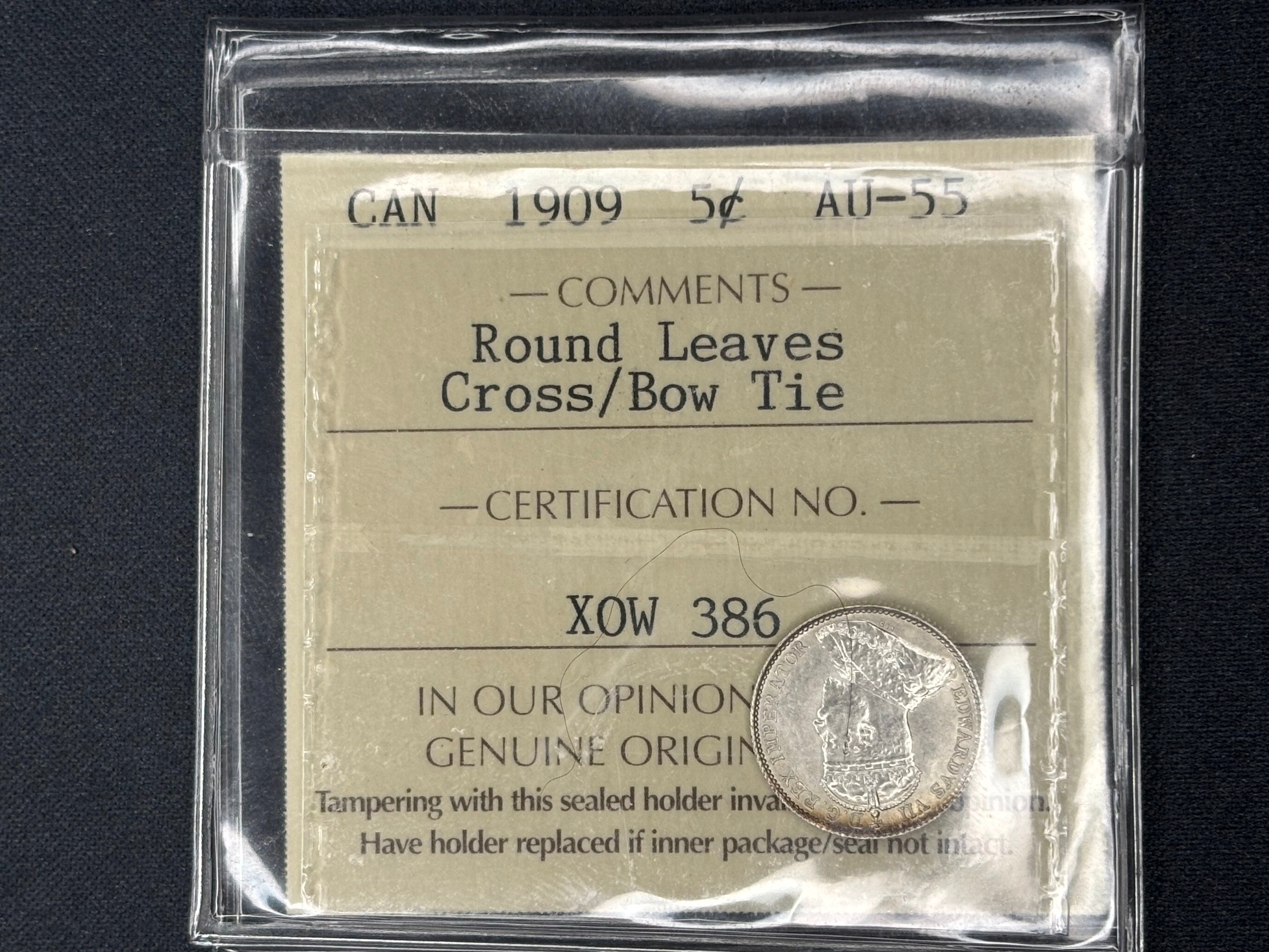 Scarce Canadian Silver Coin - 5 cents - 1909 Round Leaf Cross Bow tie - AU55 ICCS