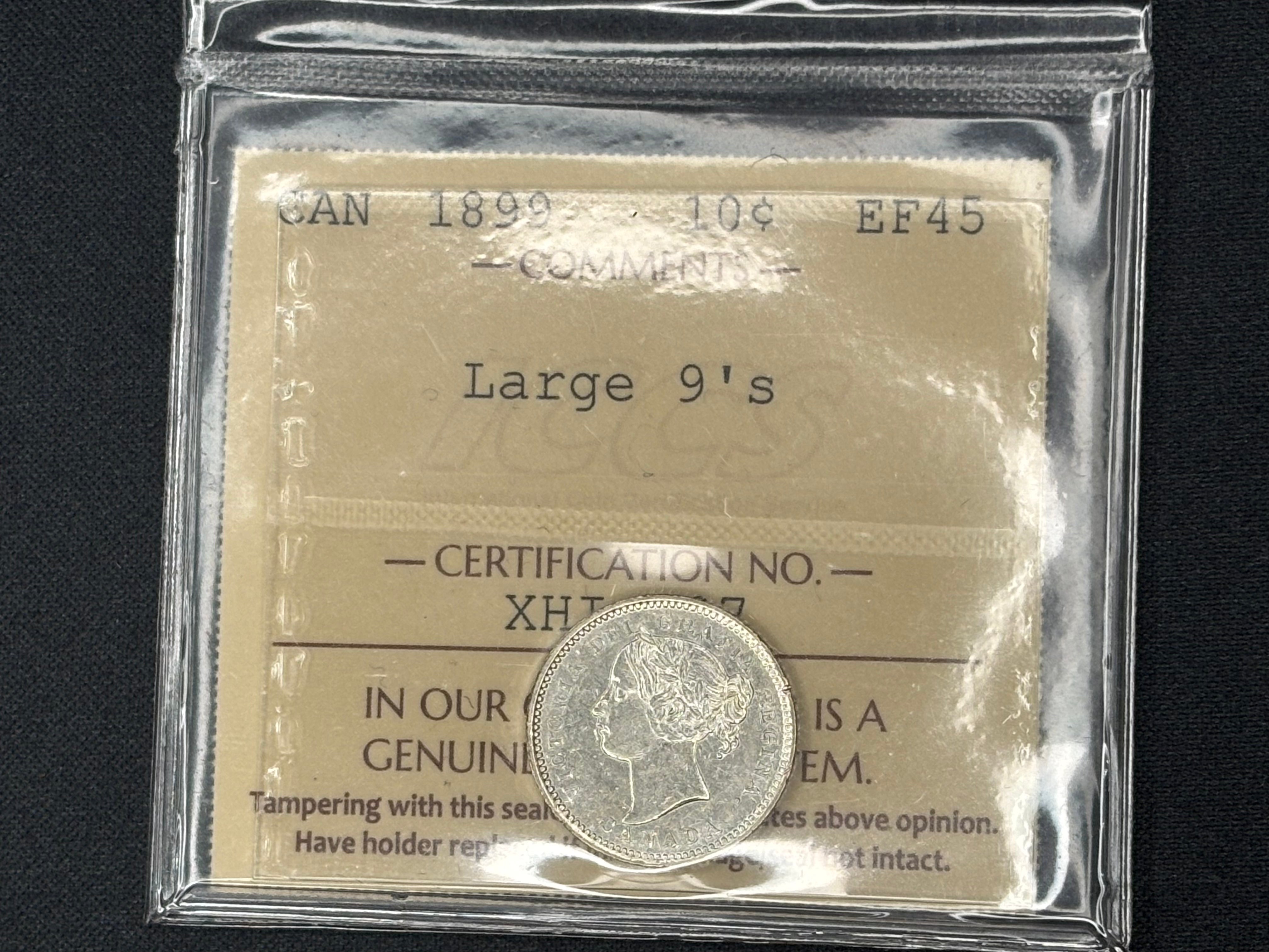 Canadian Silver Coin - 10 cents - 1899 Large 9's EF45 ICCS