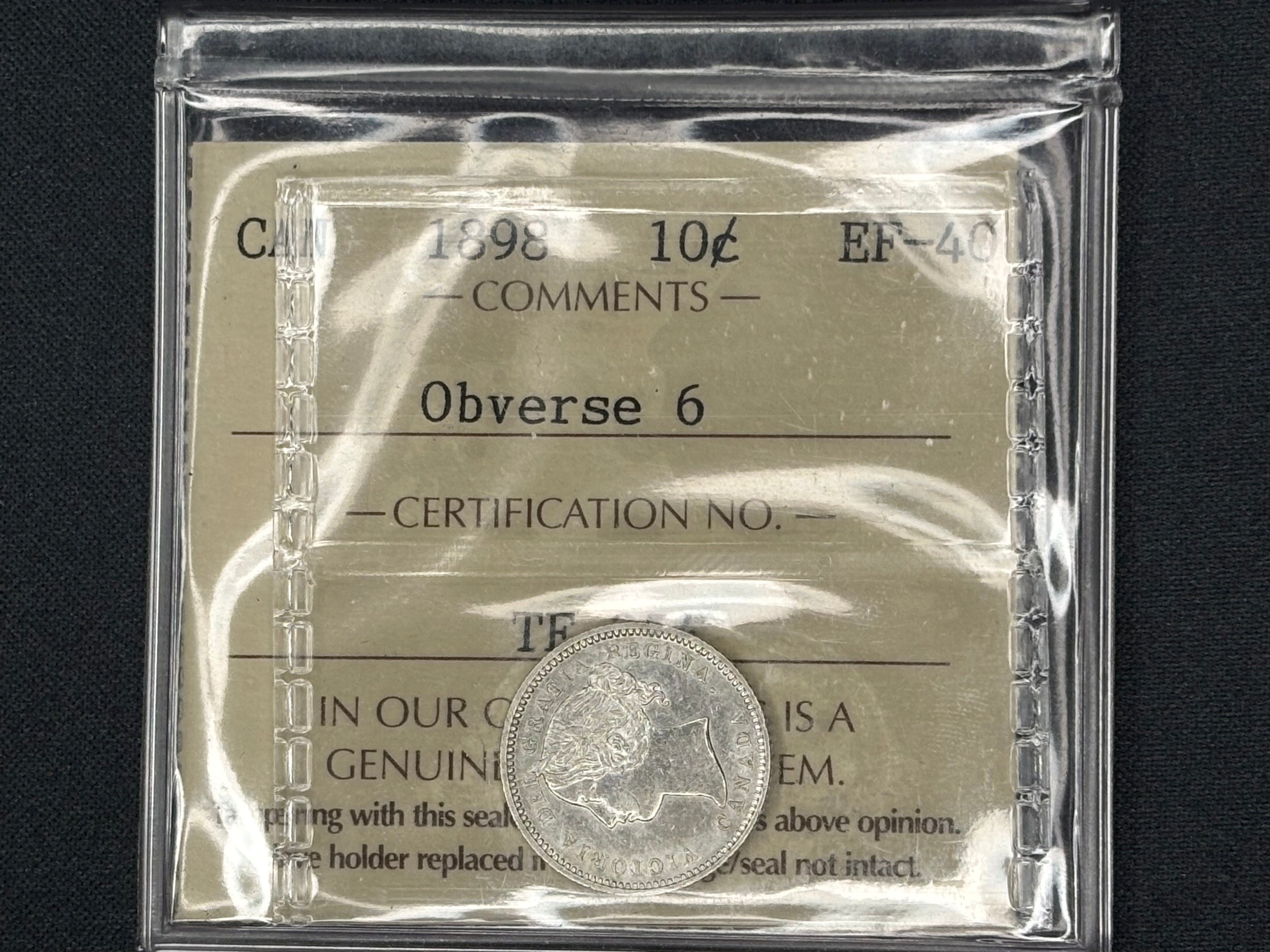 Canadian Silver Coin - 10 cents - 1898 Obv. 6 EF40 ICCS