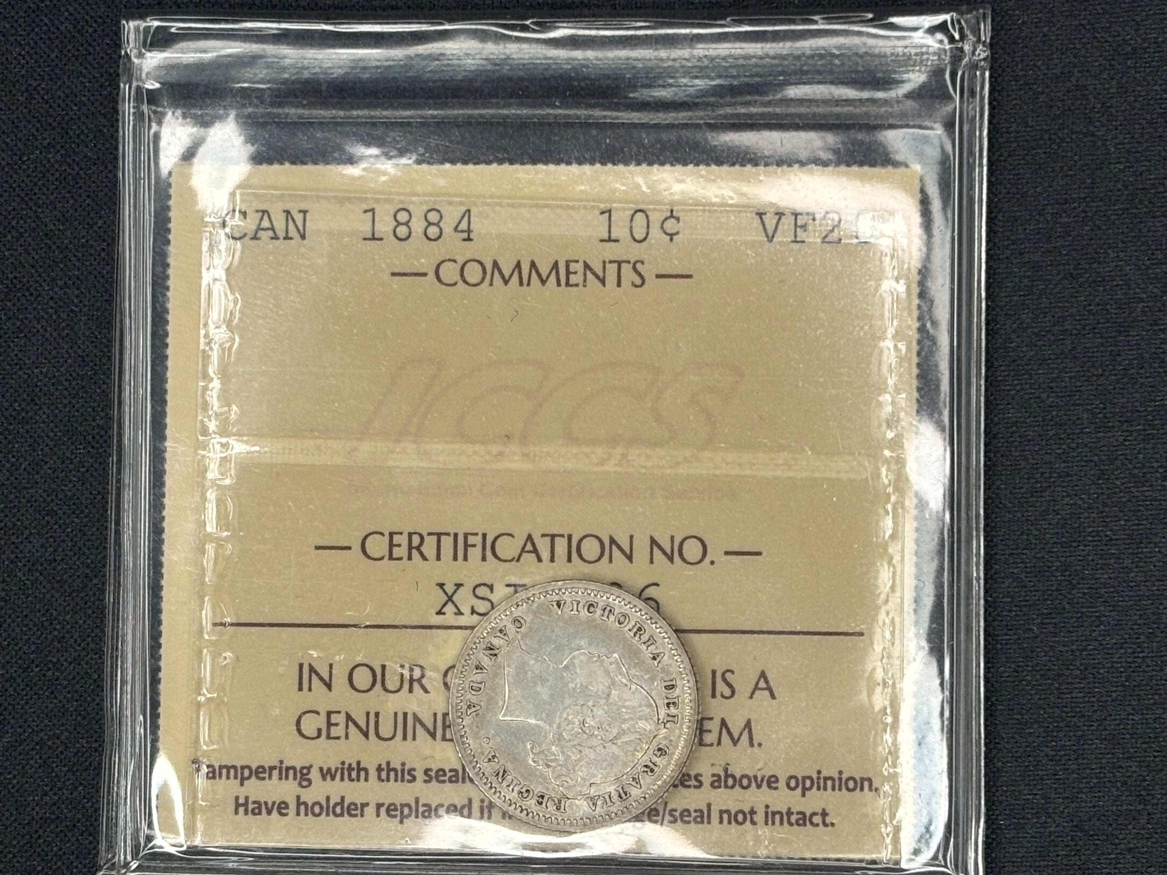 Canadian Silver Coin - 10 cents - 1884 VF20 ICCS