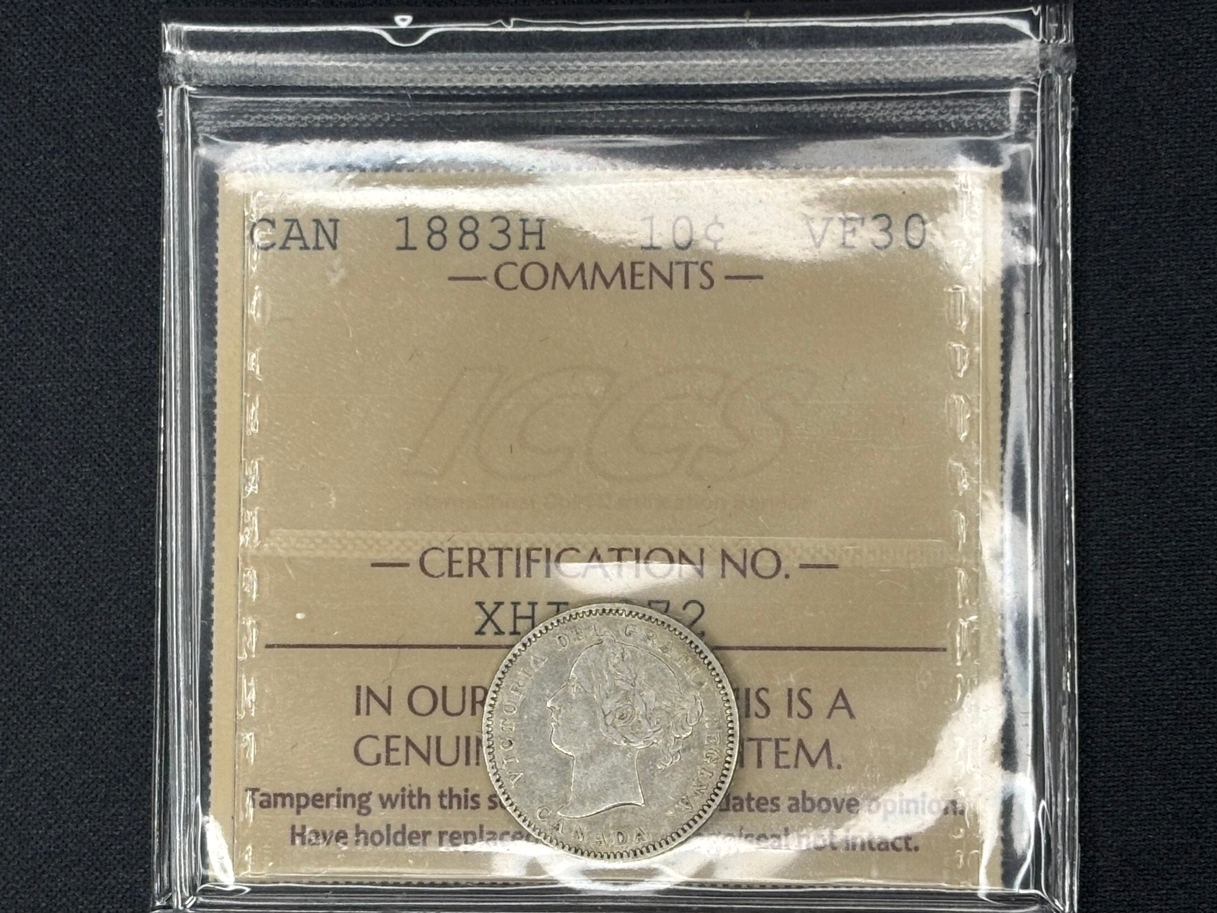 Canadian Silver Coin - 10 cents - 1883H VF30 ICCS