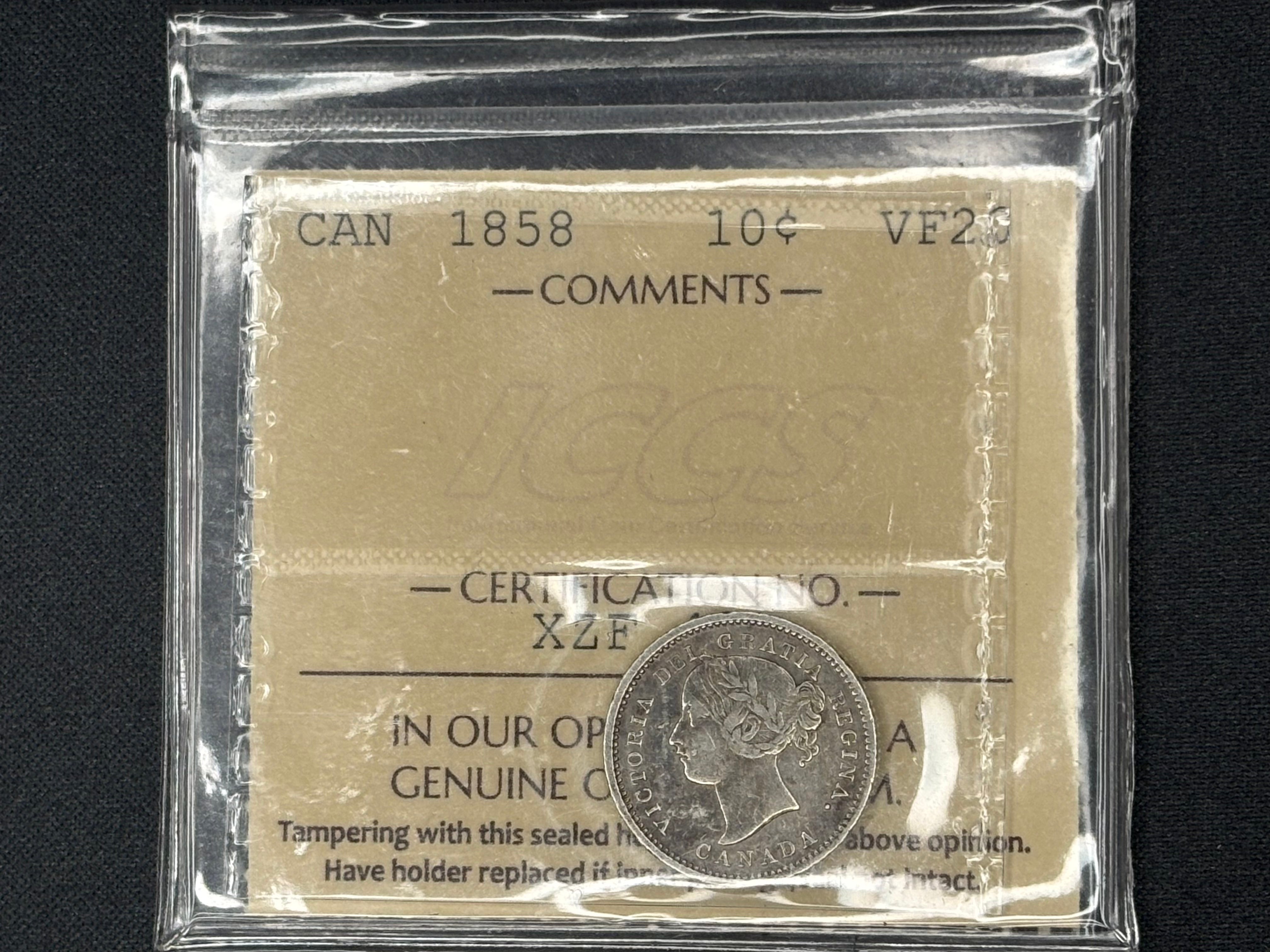 Canadian Silver Coin - 10 cents - 1858 VF20 ICCS