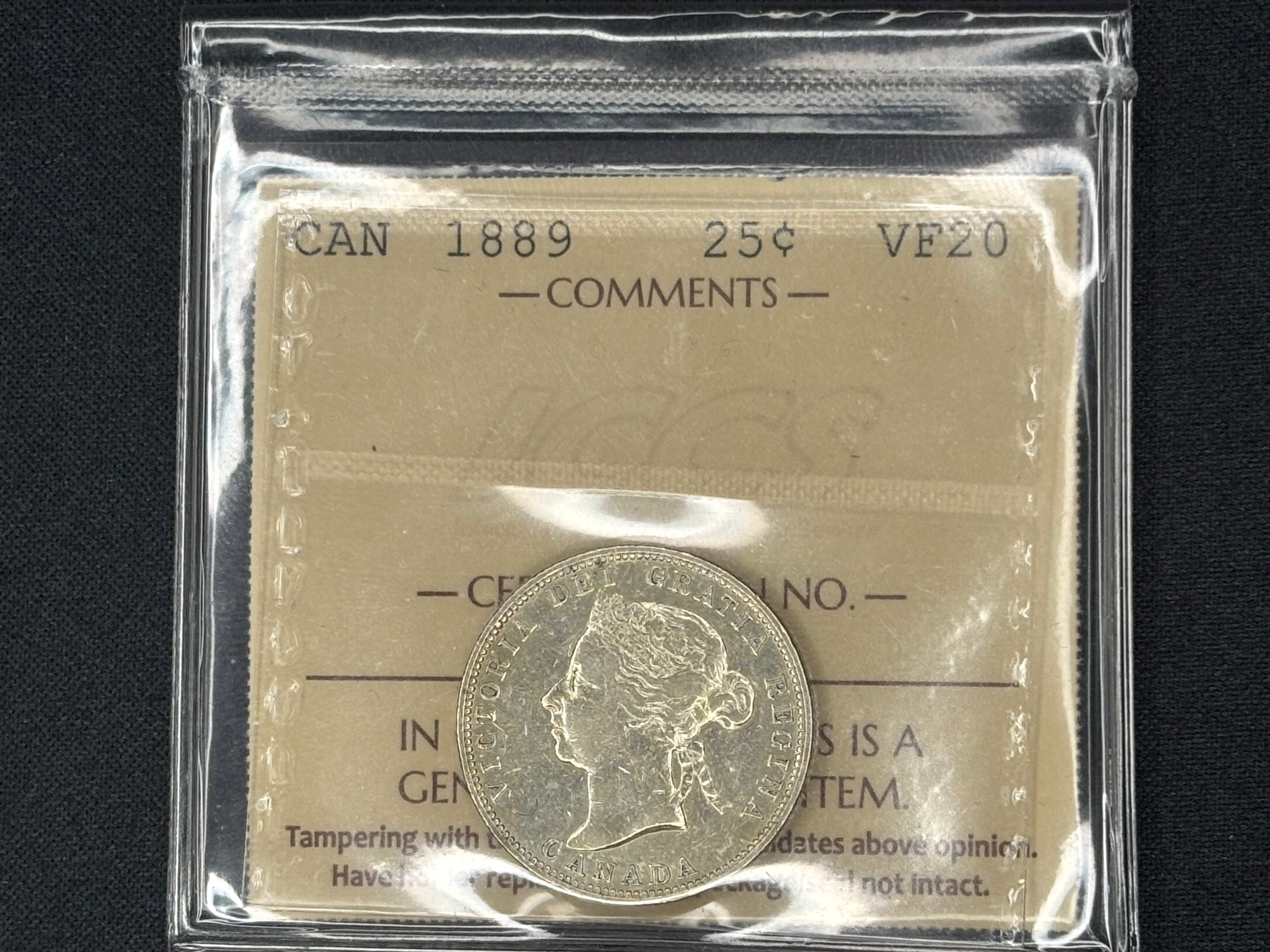Key date Canadian Silver Coin - 25 cents - 1889 VF20 ICCS