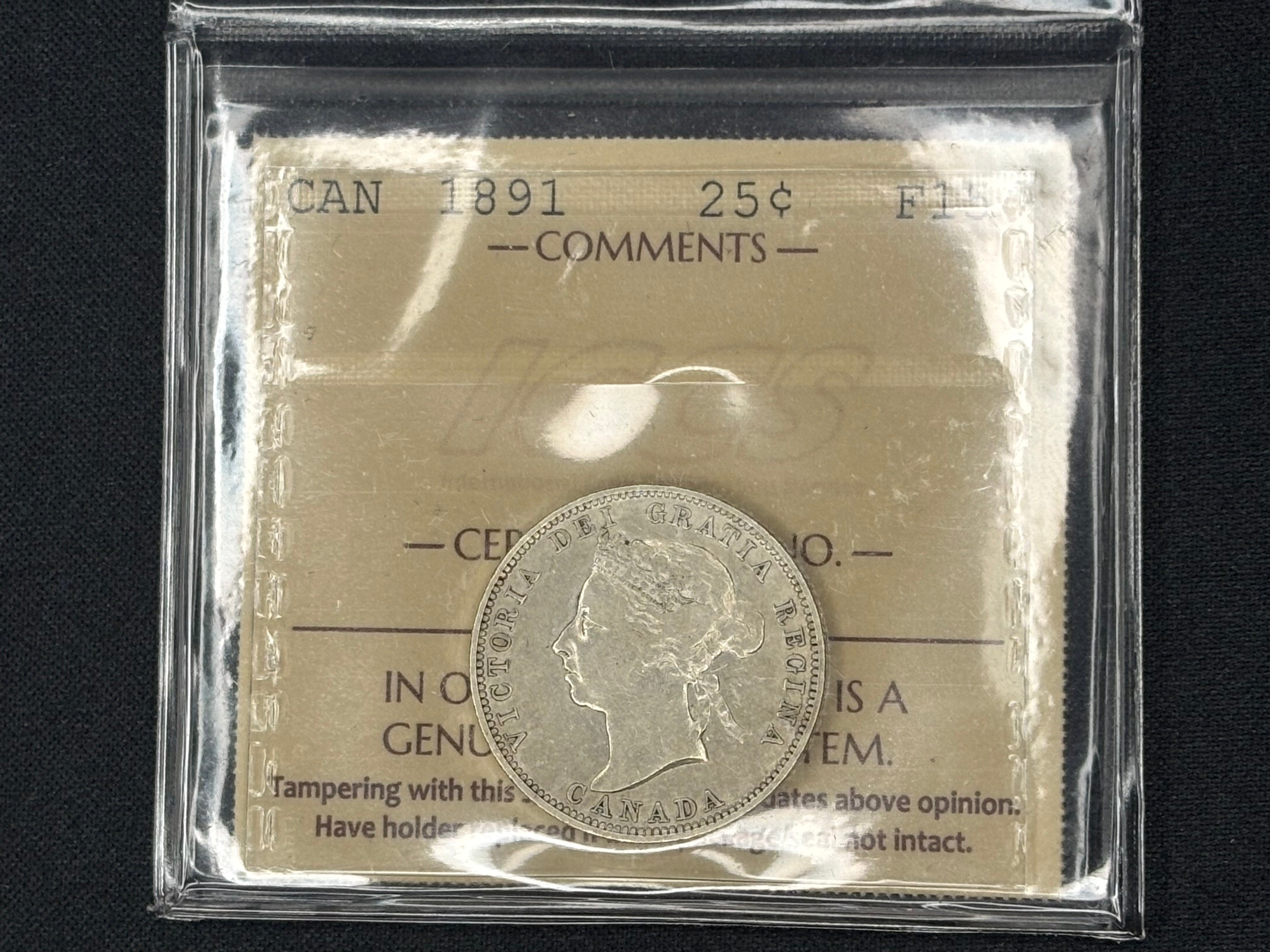 Canadian Silver Coin - 25 cents - 1891 F15 ICCS