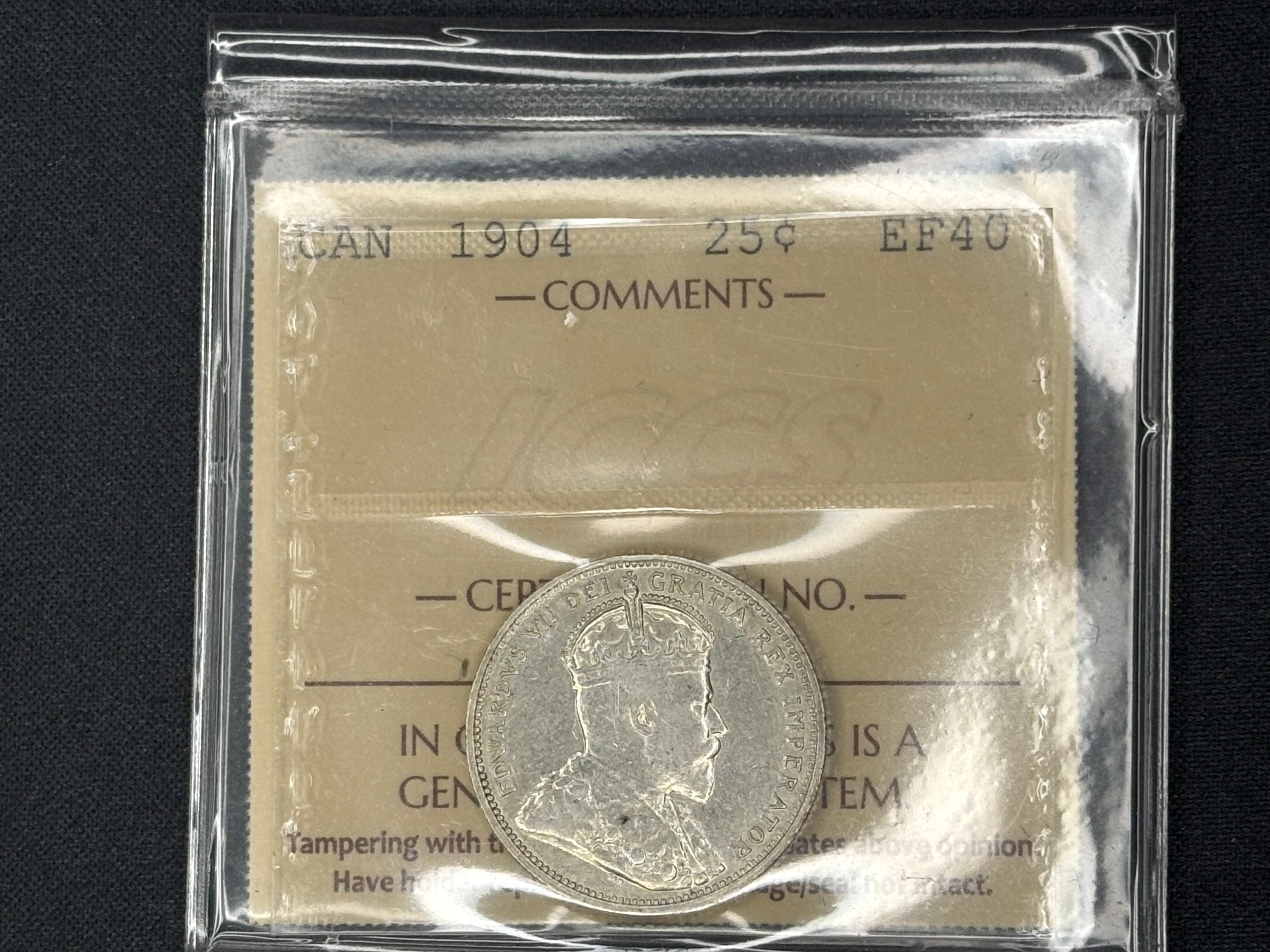 Canadian Silver Coin - 25 cents - 1904 EF40 ICCS
