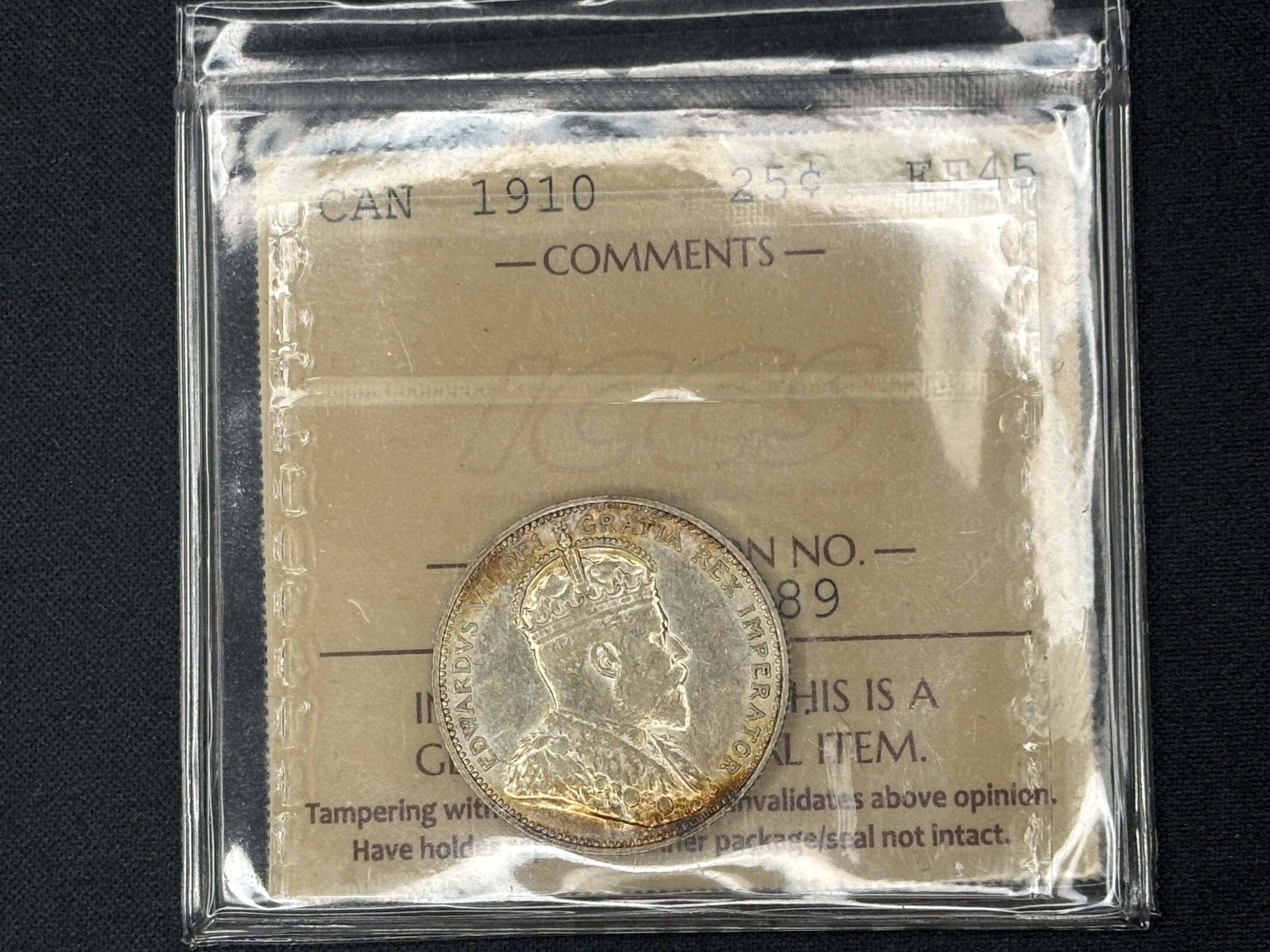 Canadian Silver Coin - 25 cents -1910 - EF45 ICCS