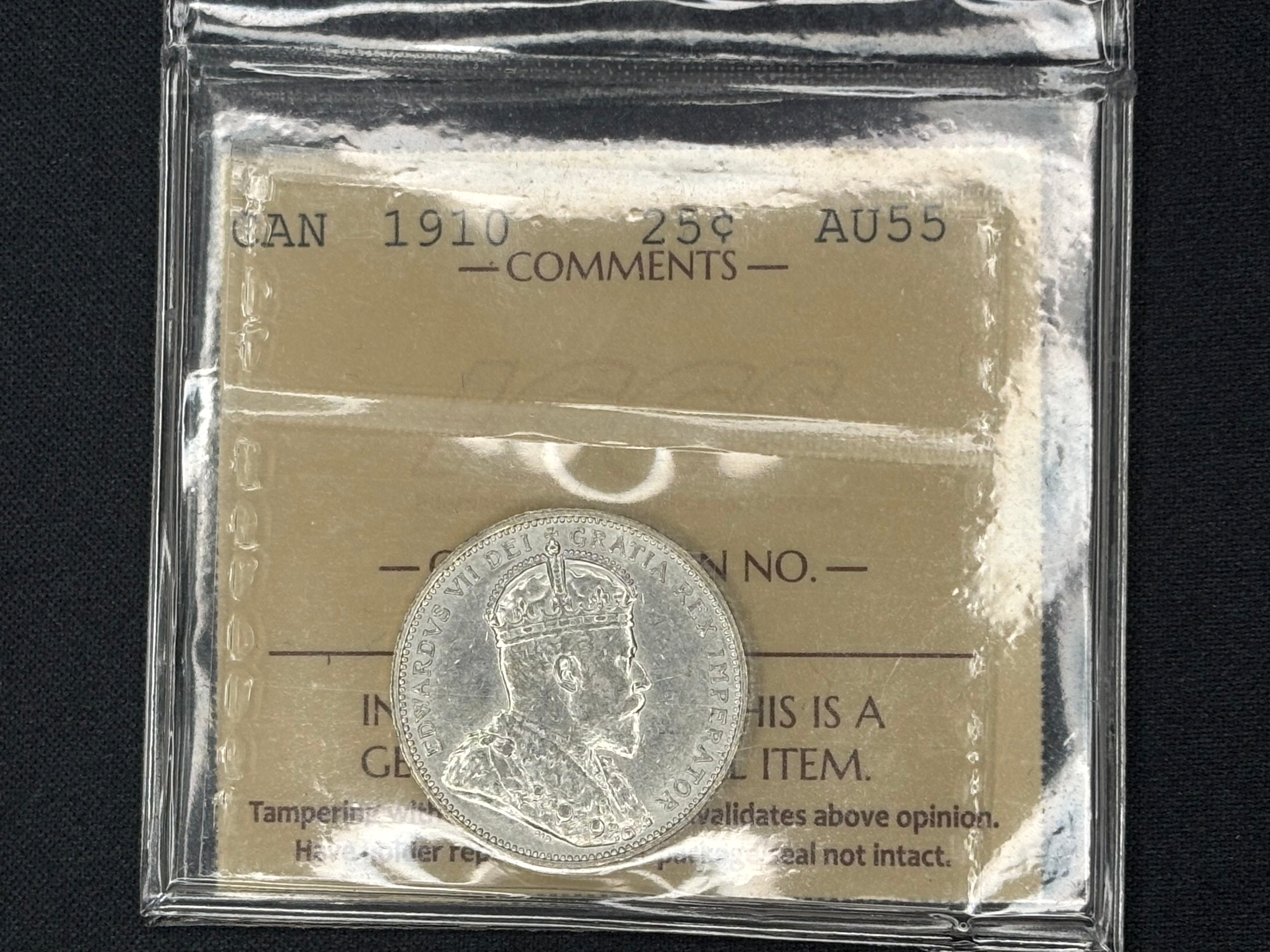 Canadian Silver Coin - 25 cents - 1910 AU55 ICCS