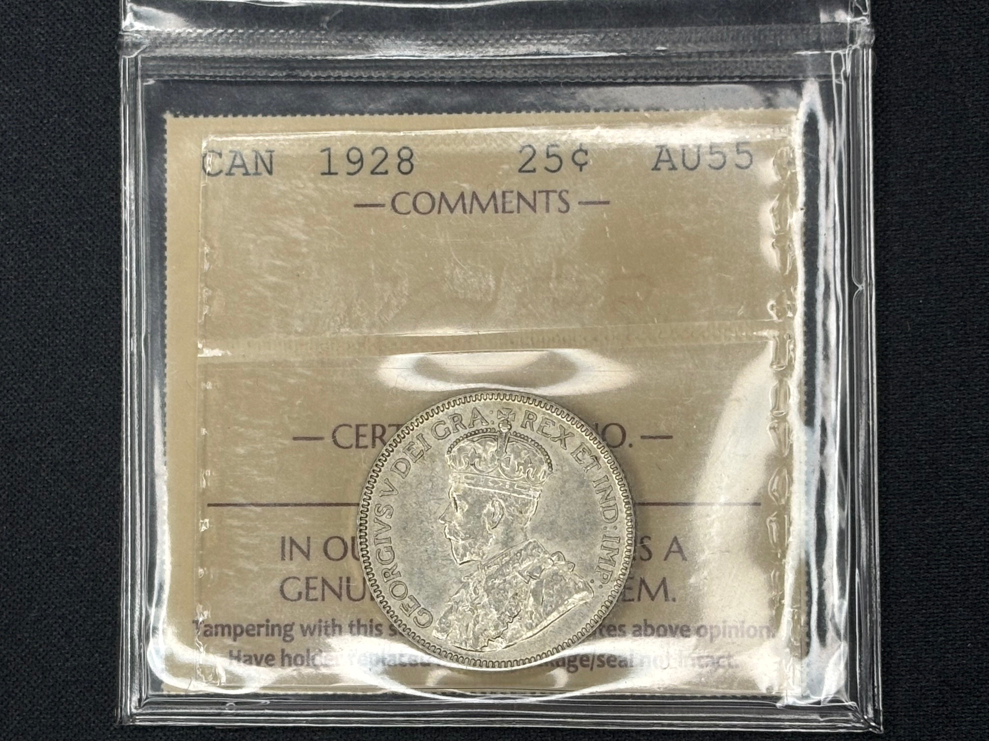 Canadian Silver Coin - 25 cents - 1928 AU55 ICCS