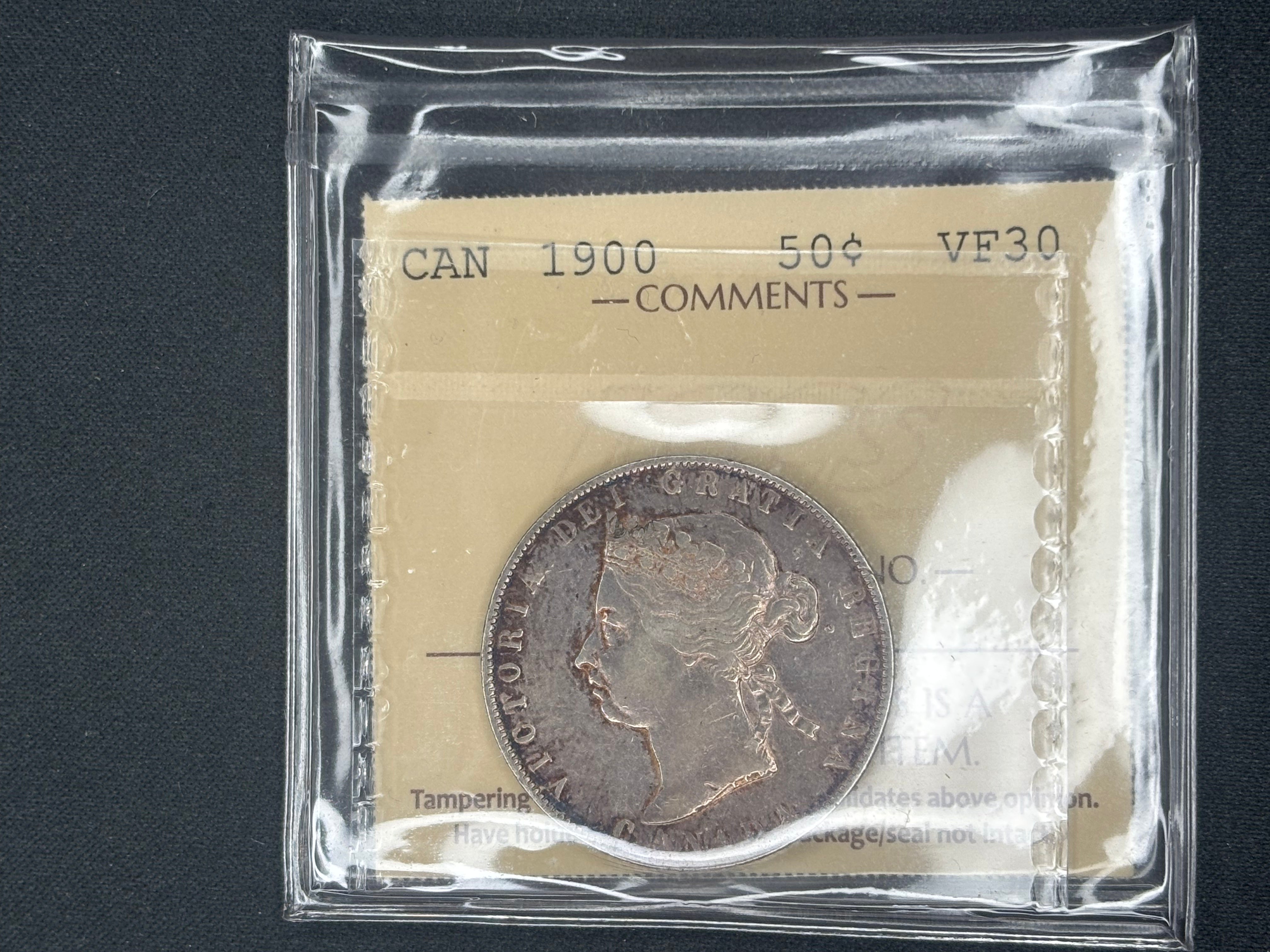 Canadian Silver Coin - 50 cents - 1900 VF30 ICCS