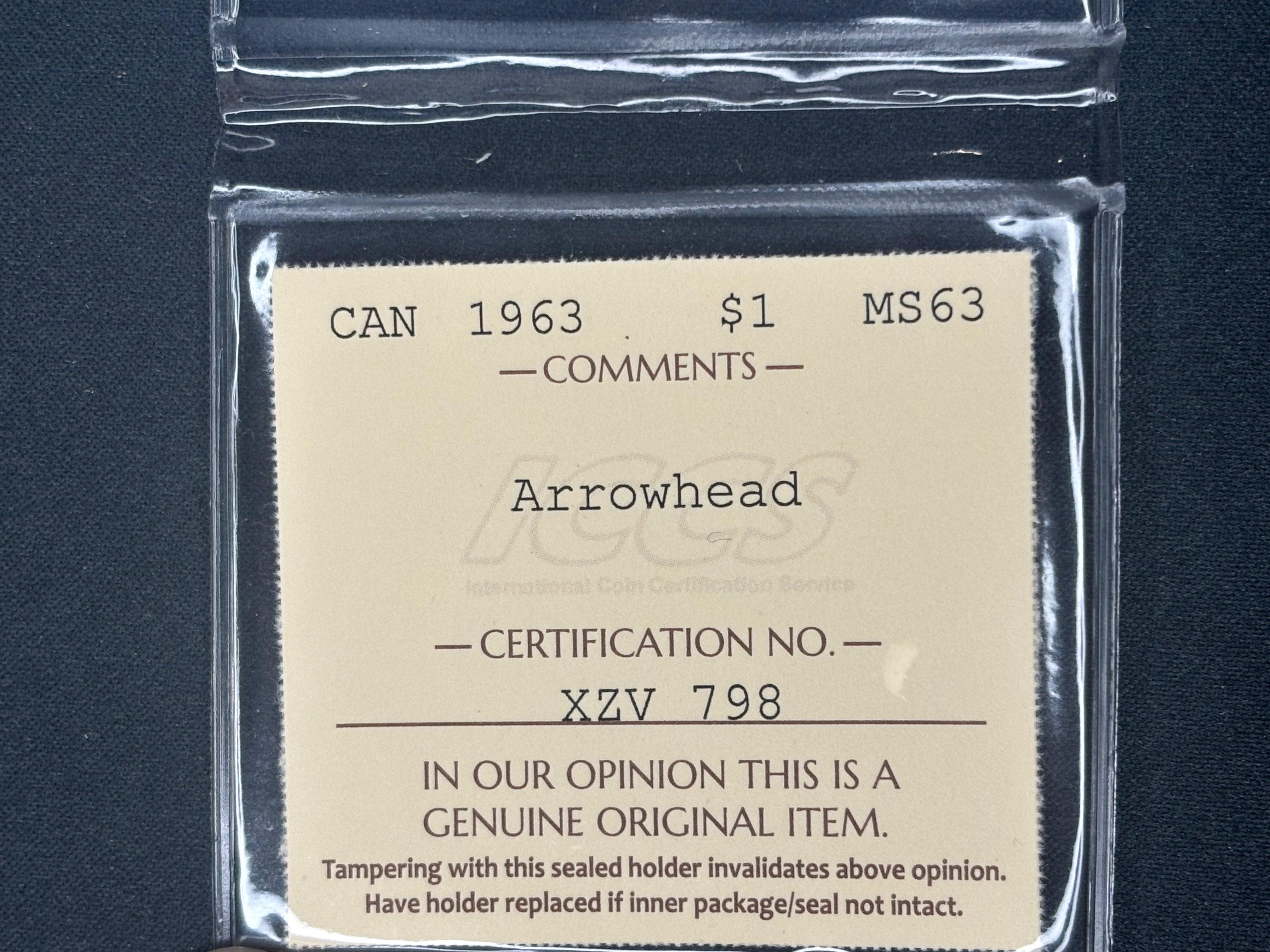 Canada Silver Coin - Dollars - 1963 Arrowhead - MS63 ICCS