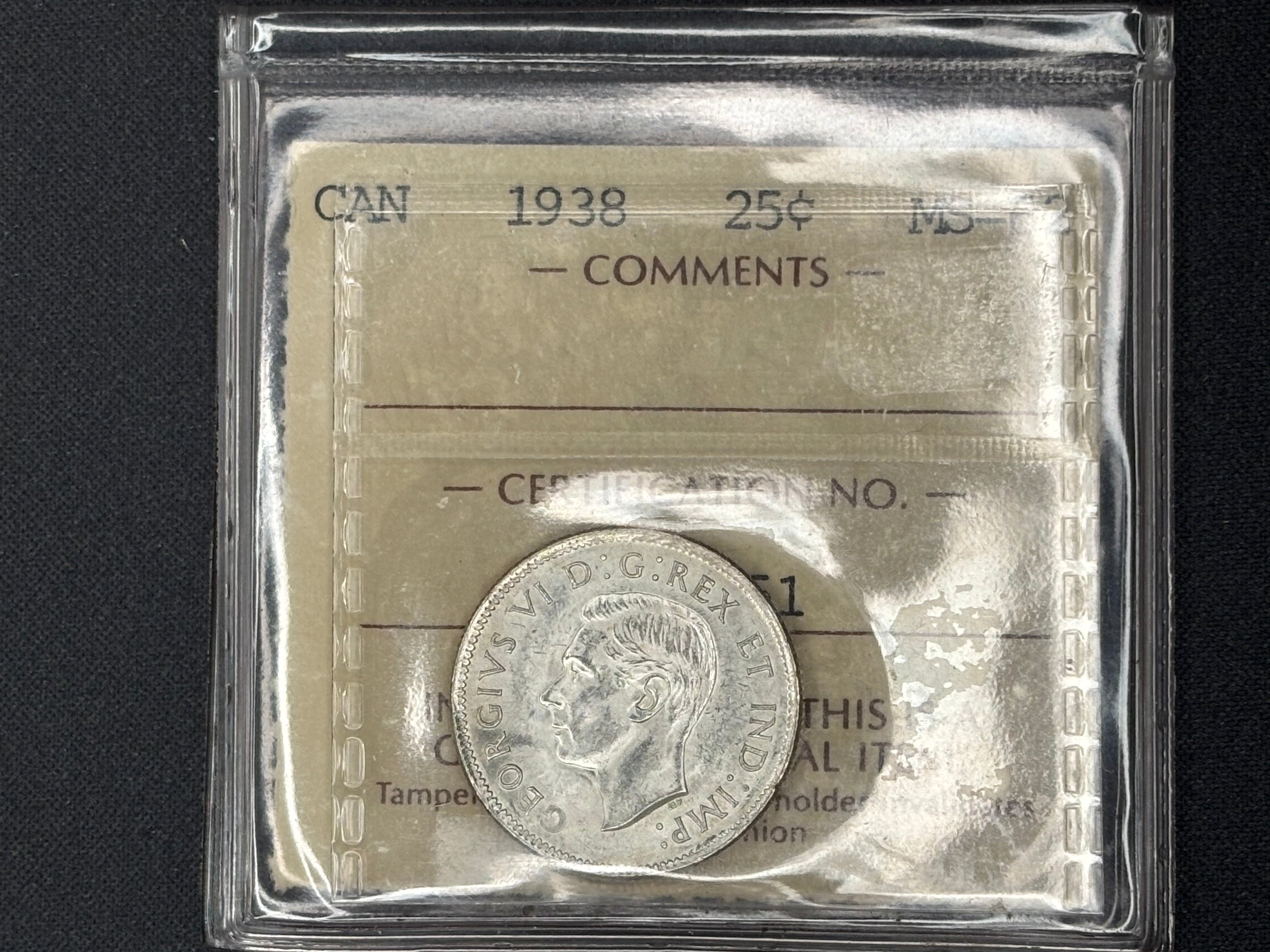 Canadian Silver Coin - 25 cents - 1938 - MS62 ICCS