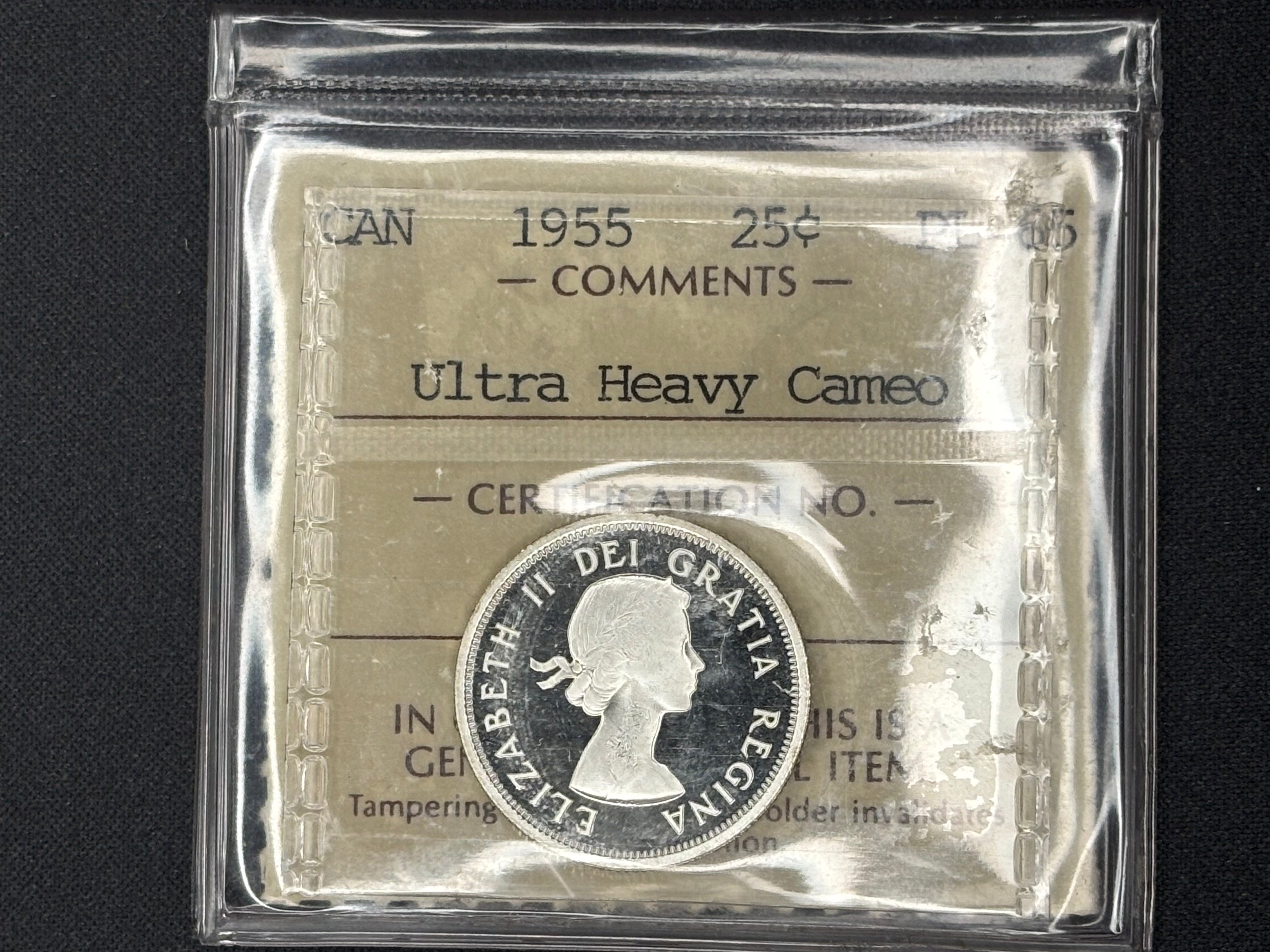 Canadian Silver Coin - 25 cents - 1955 Ultra Heavy Cameo - PL65 ICCS