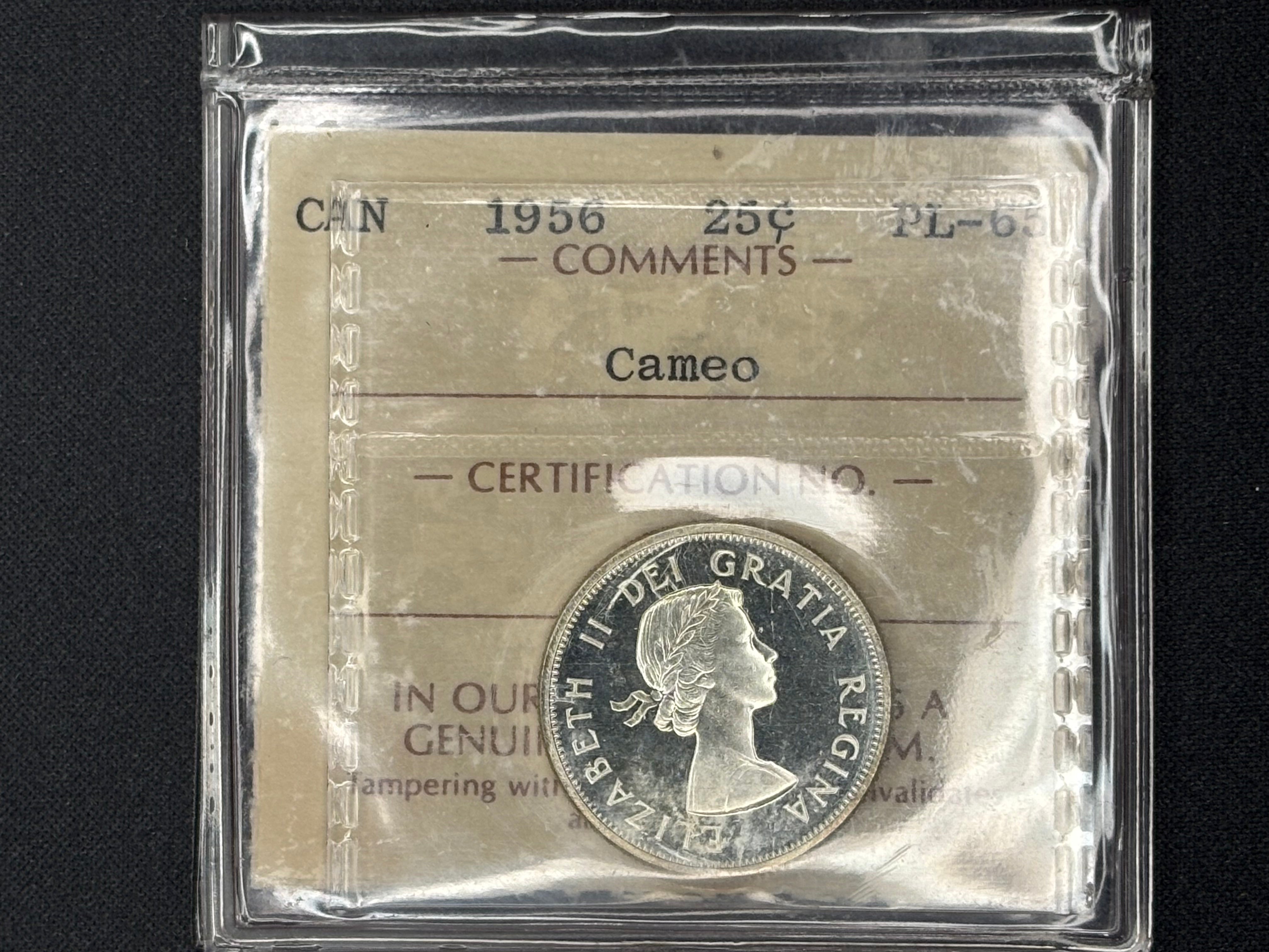 Canadian Silver Coin - 25 cents - 1956 Cameo - PL65 ICCS