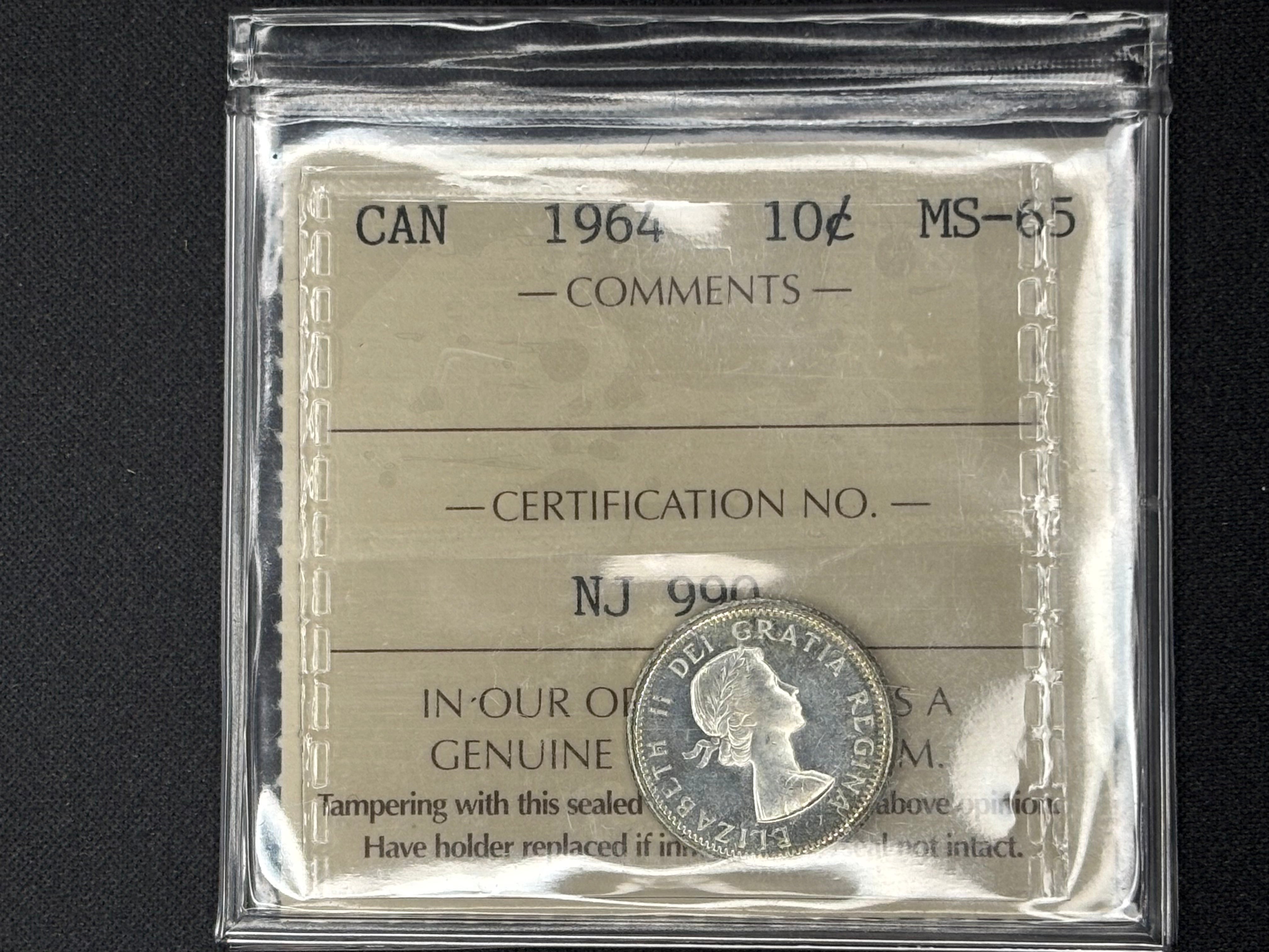 Canadian Silver Coin - 10 cents - 1964 - MS65 ICCS