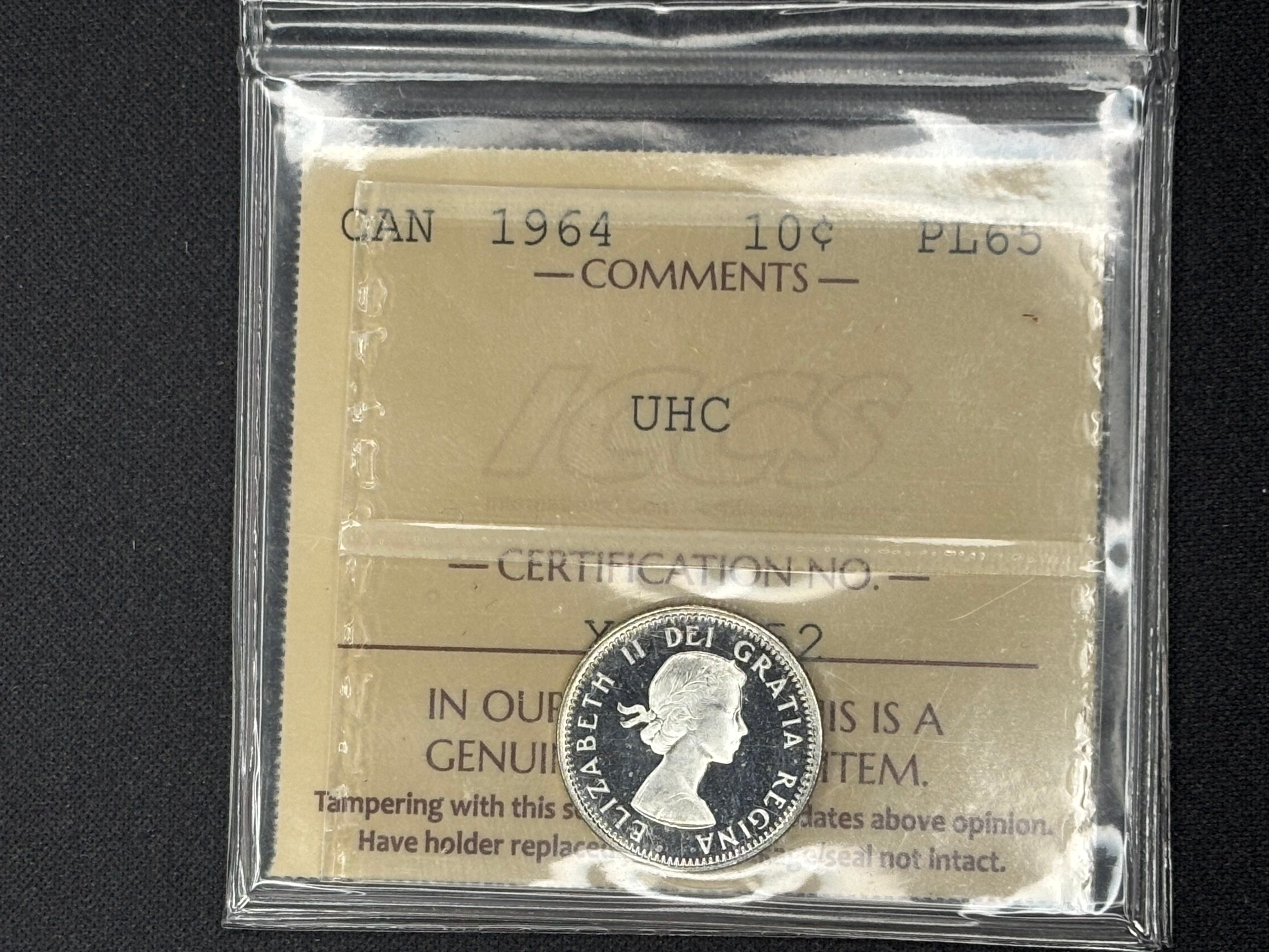 Canadian Silver Coin - 10 cents - 1964 Ultra Heavy Cameo - PL65 ICCS