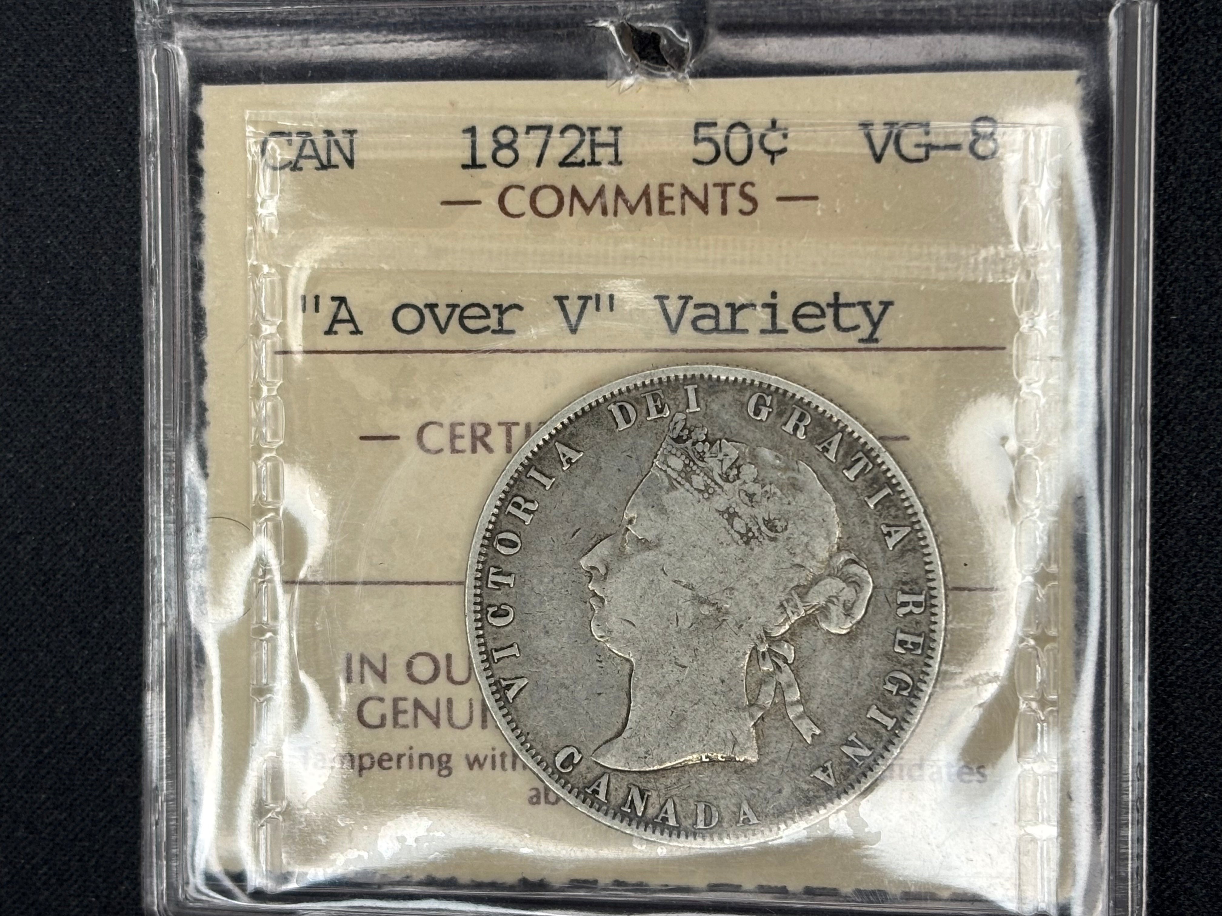 Canadian Silver Coin - 50 cents - 1872H A over V - VG8 ICCS