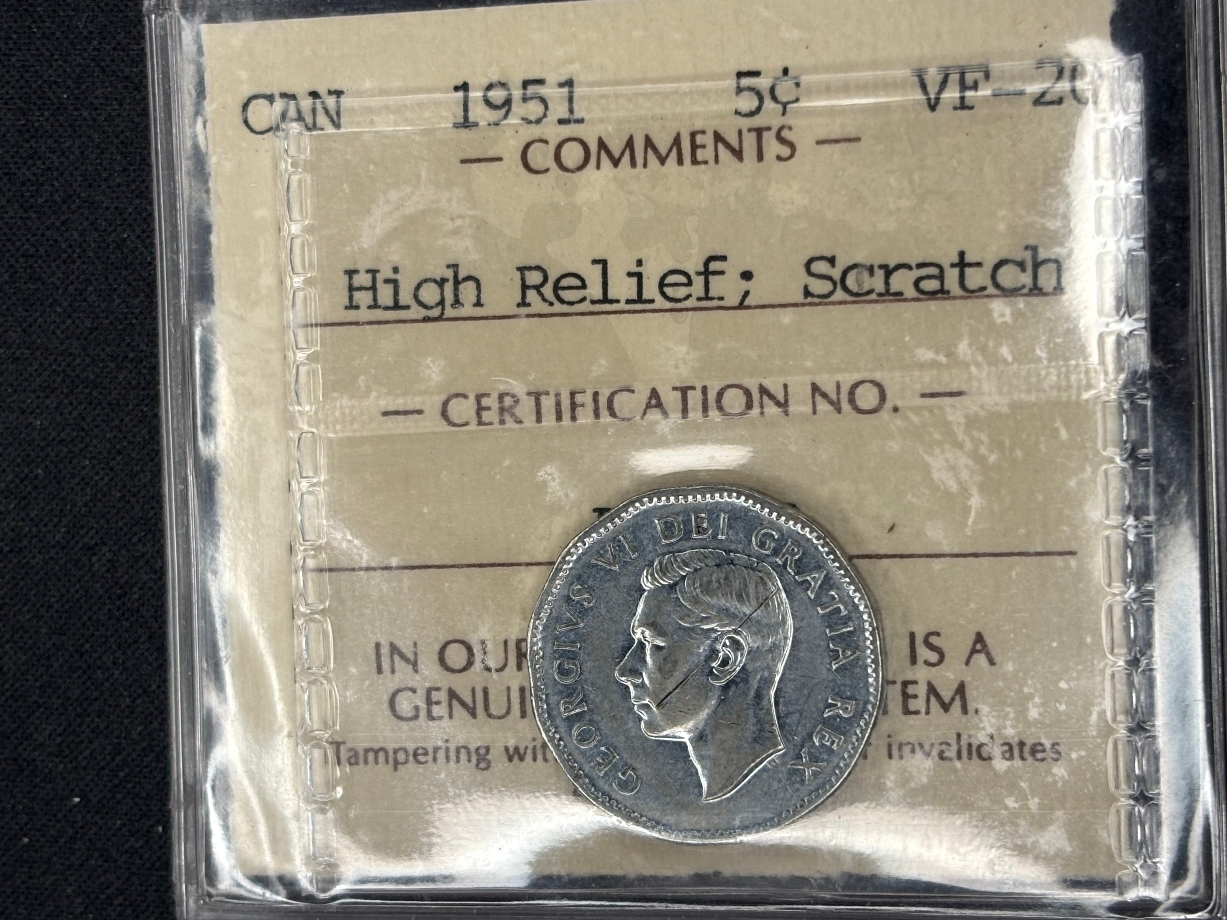 Canadian Nickel Coin - 5 cents - 1951 High relief scratch - VF20 ICCS