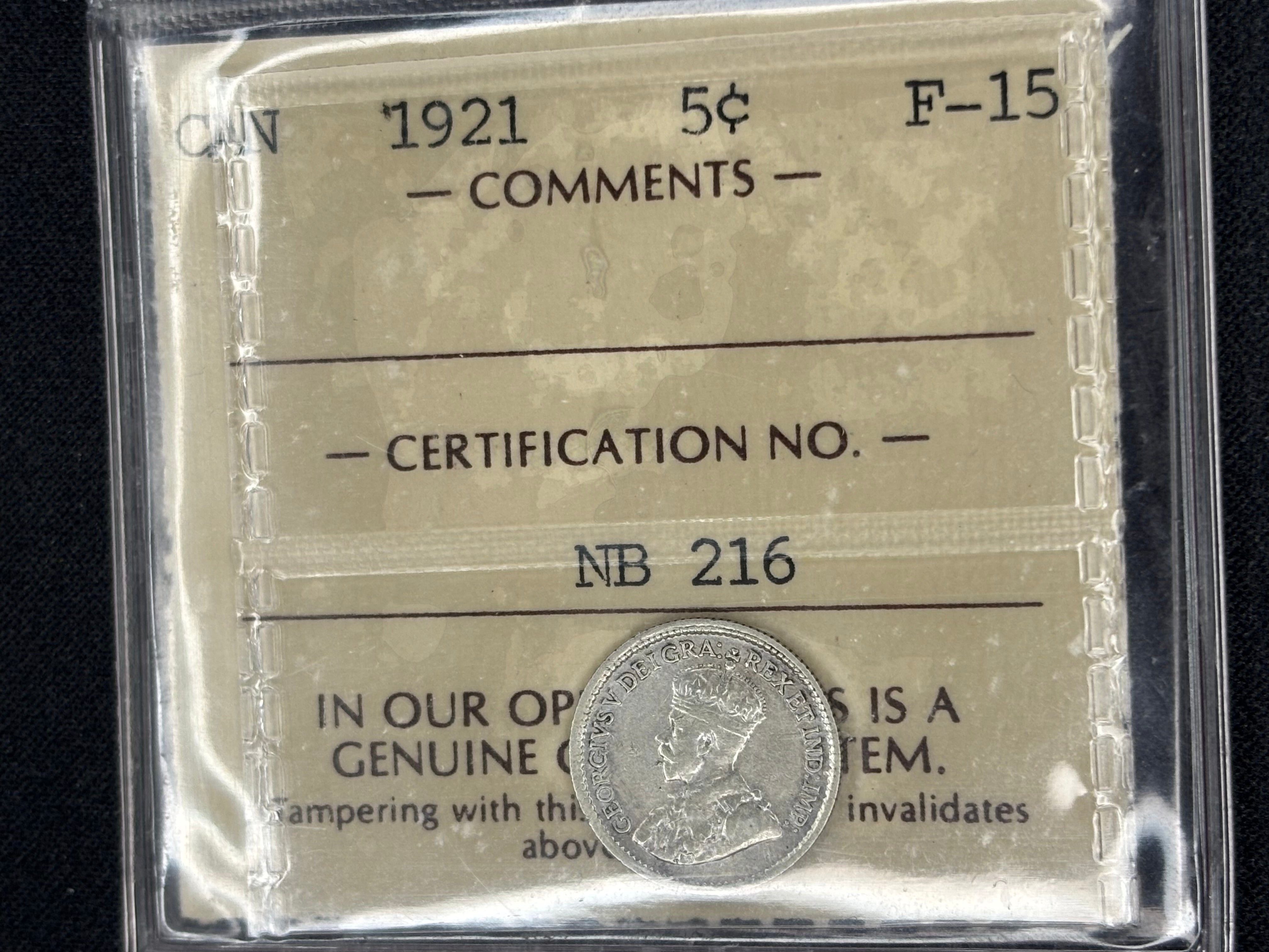 Extra Key date Canadian Silver Coin - 5 cents - 1921 - F15 ICCS