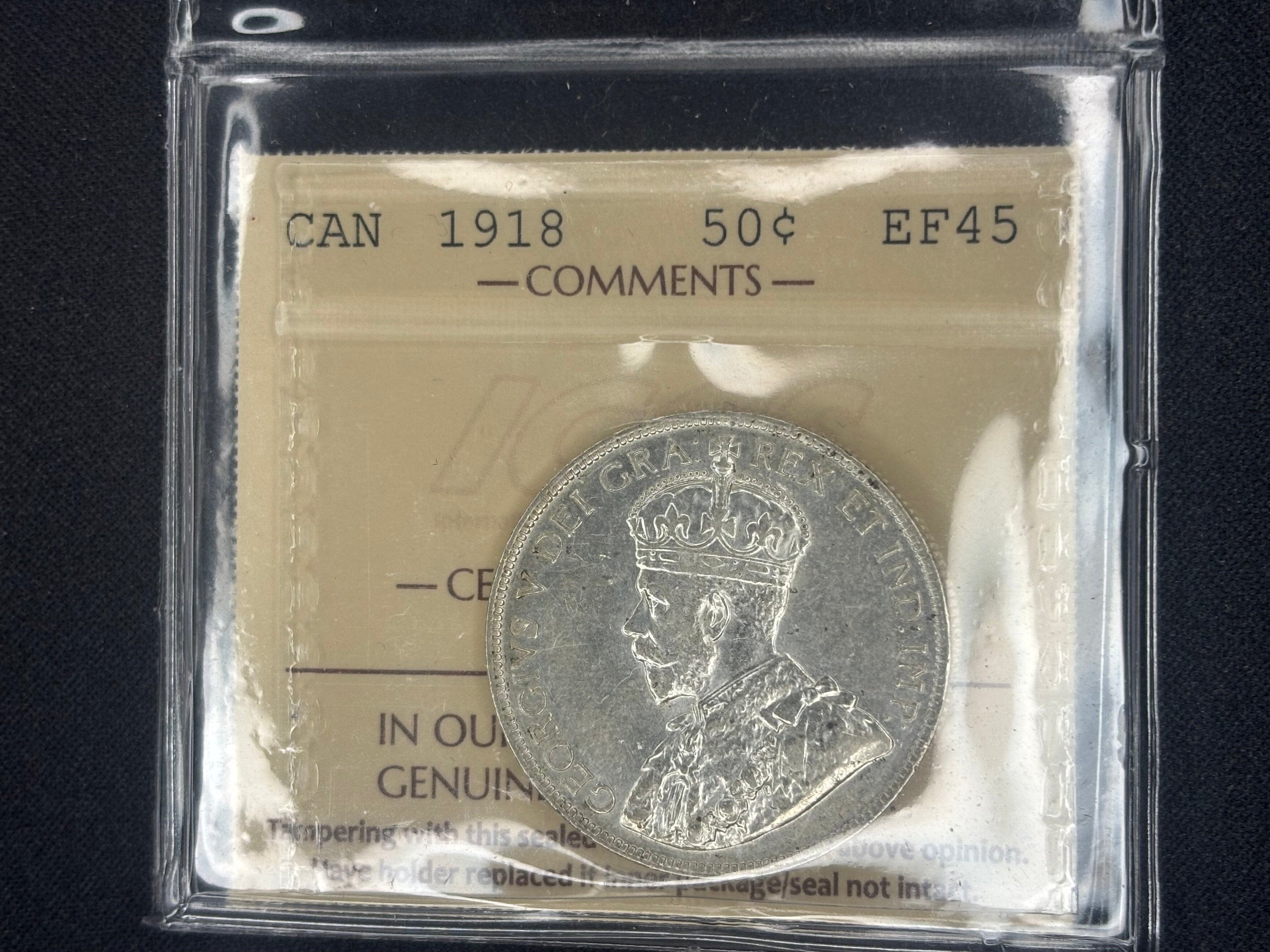 Canadian Silver Coin - 50 cents - 1918 - EF45 ICCS