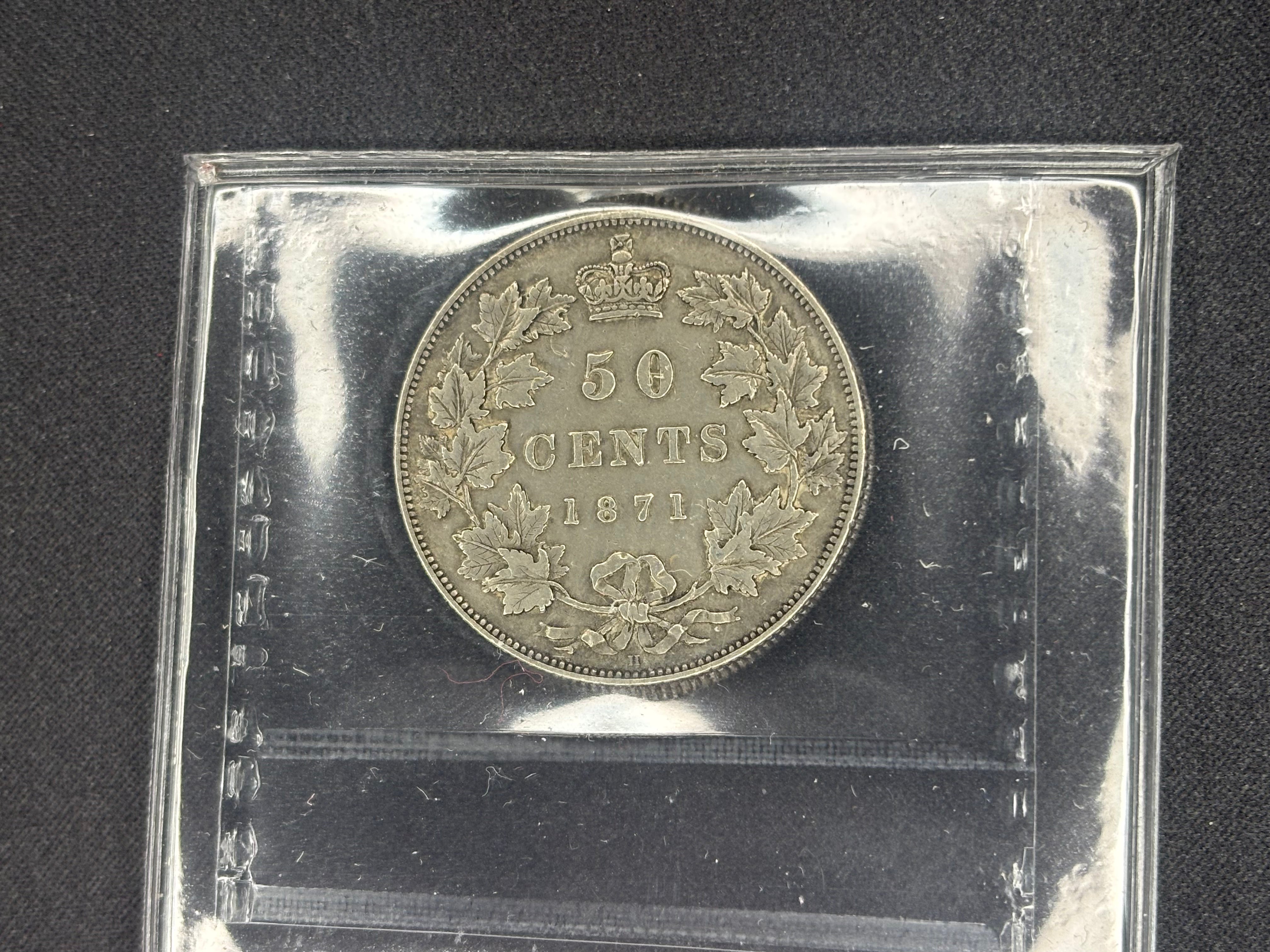 Scarce Canadian Silver Coin - 50 cents - 1871H - VF30 ICCS