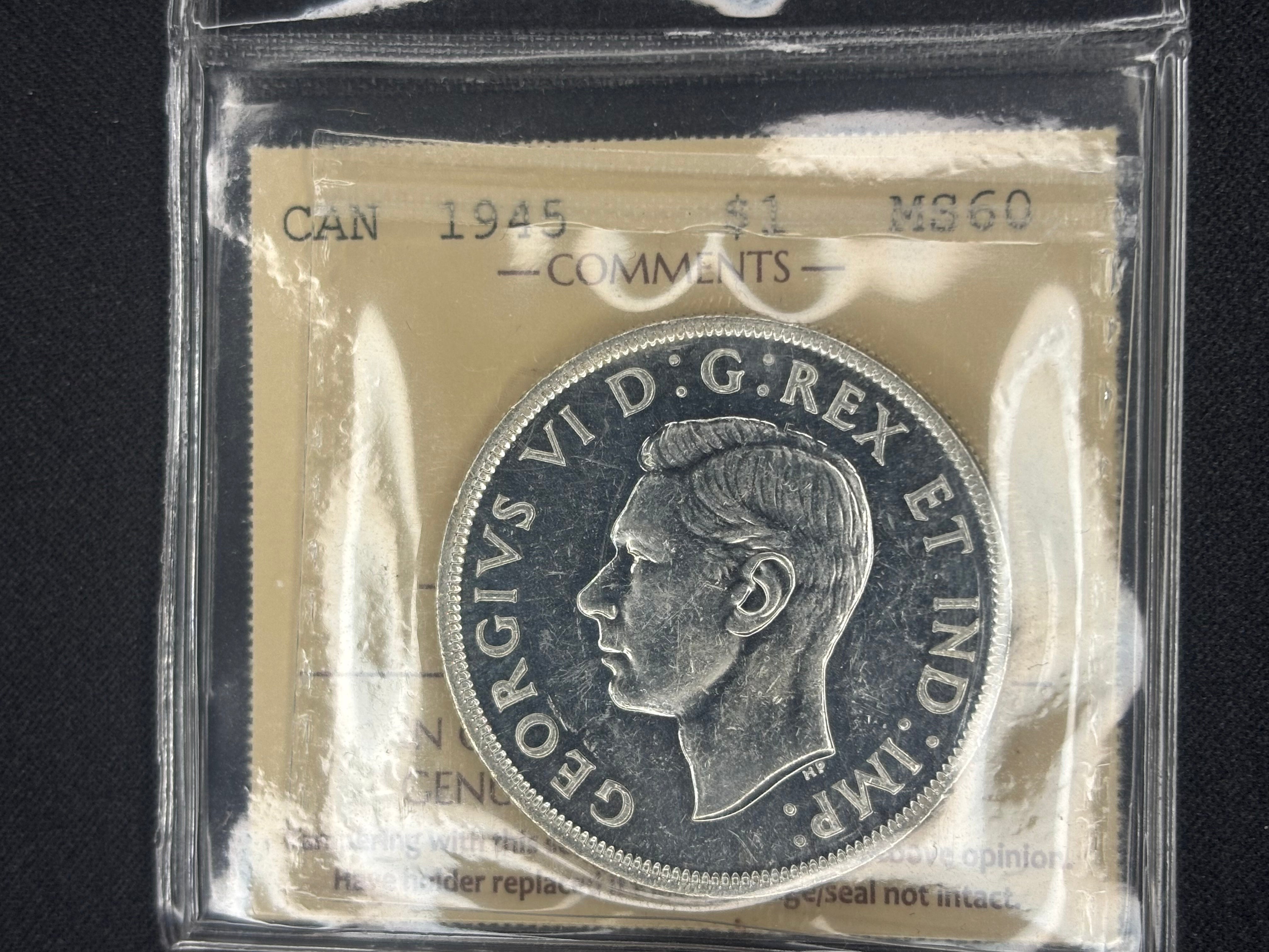 Canadian Silver Coin - Dollar - 1945 - MS60 ICCS