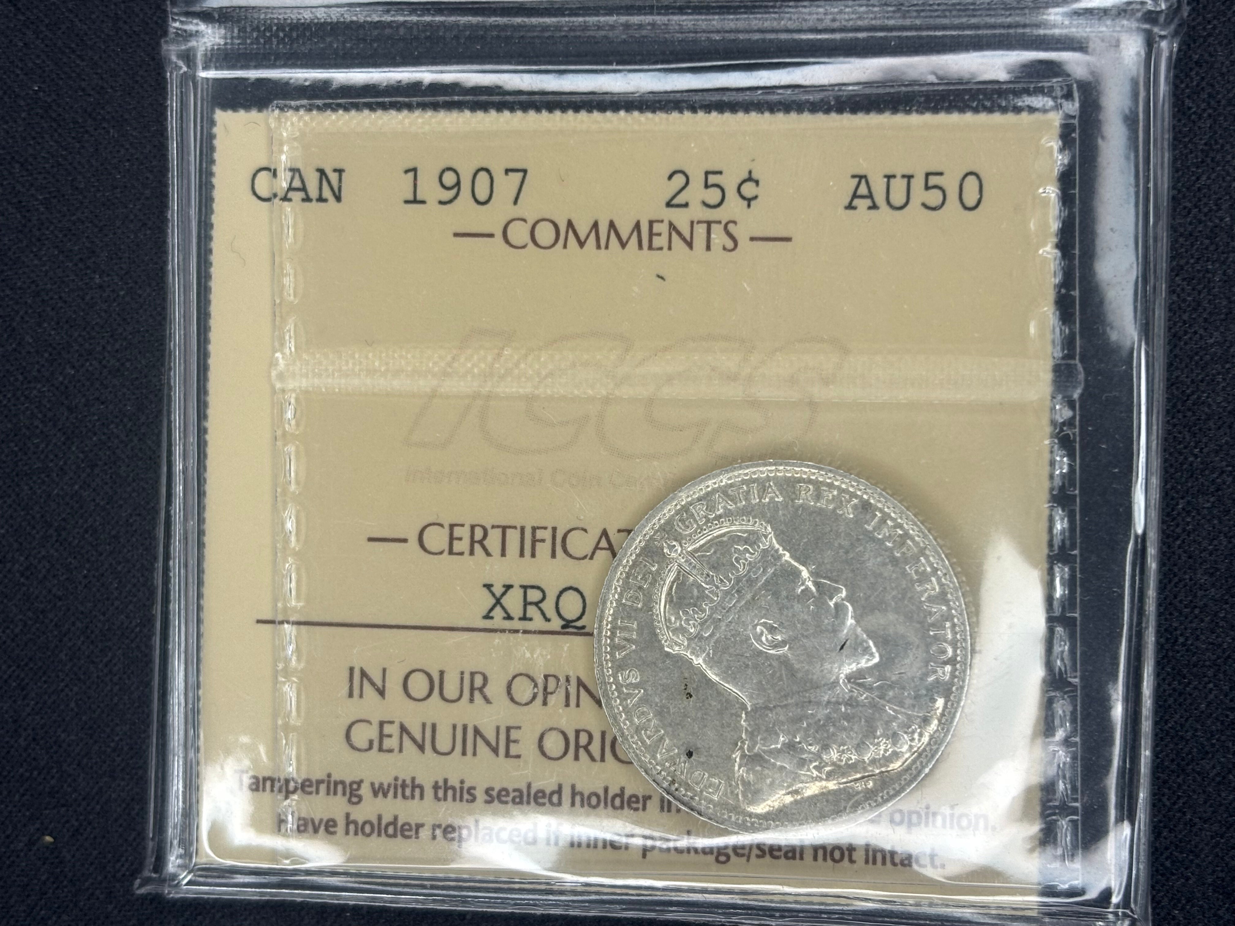 Canadian Silver Coin - 25 cents - 1907 - AU50 ICCS