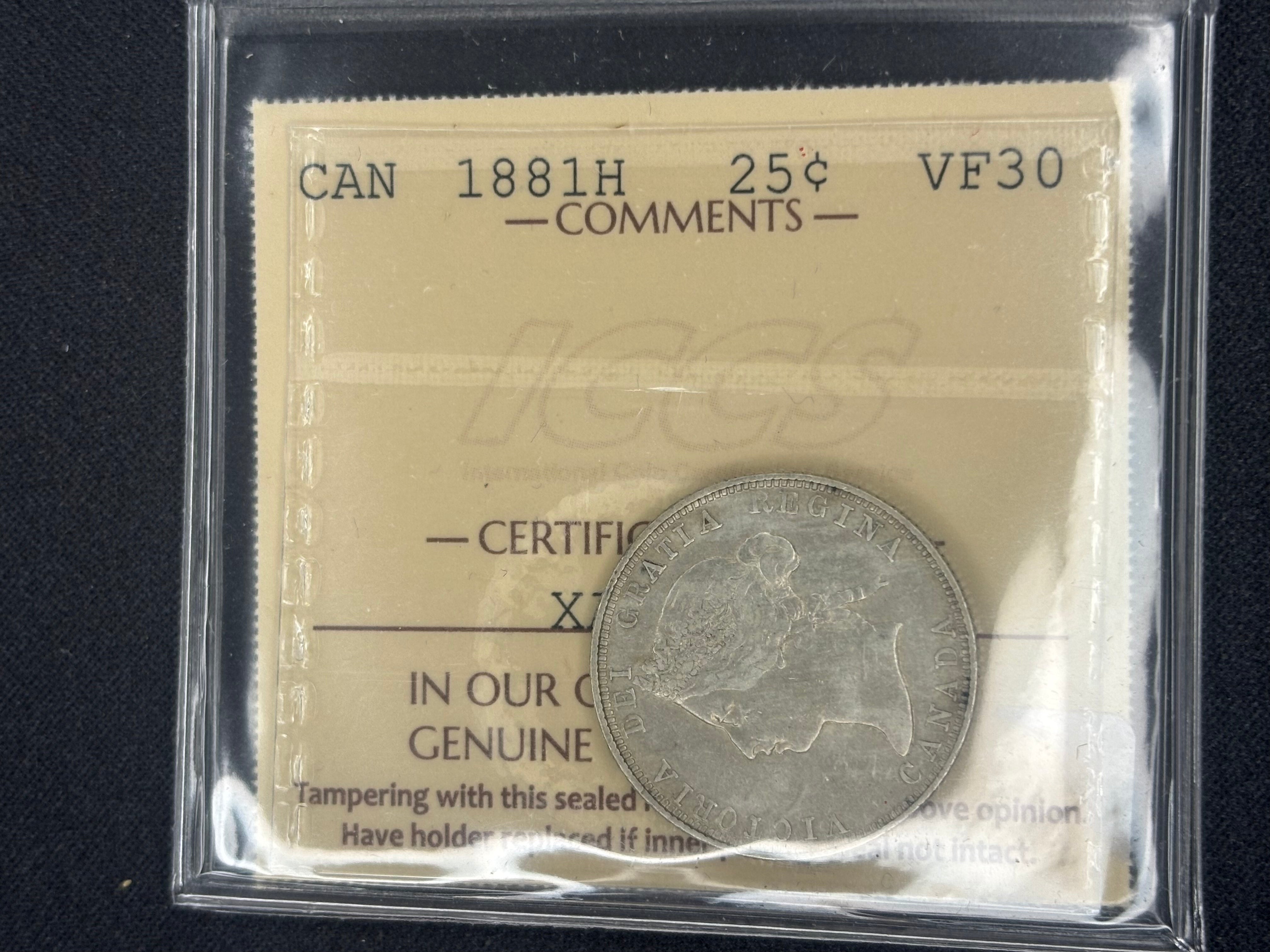 Canadian Silver Coin - 25 cents - 1881H - VF30 ICCS