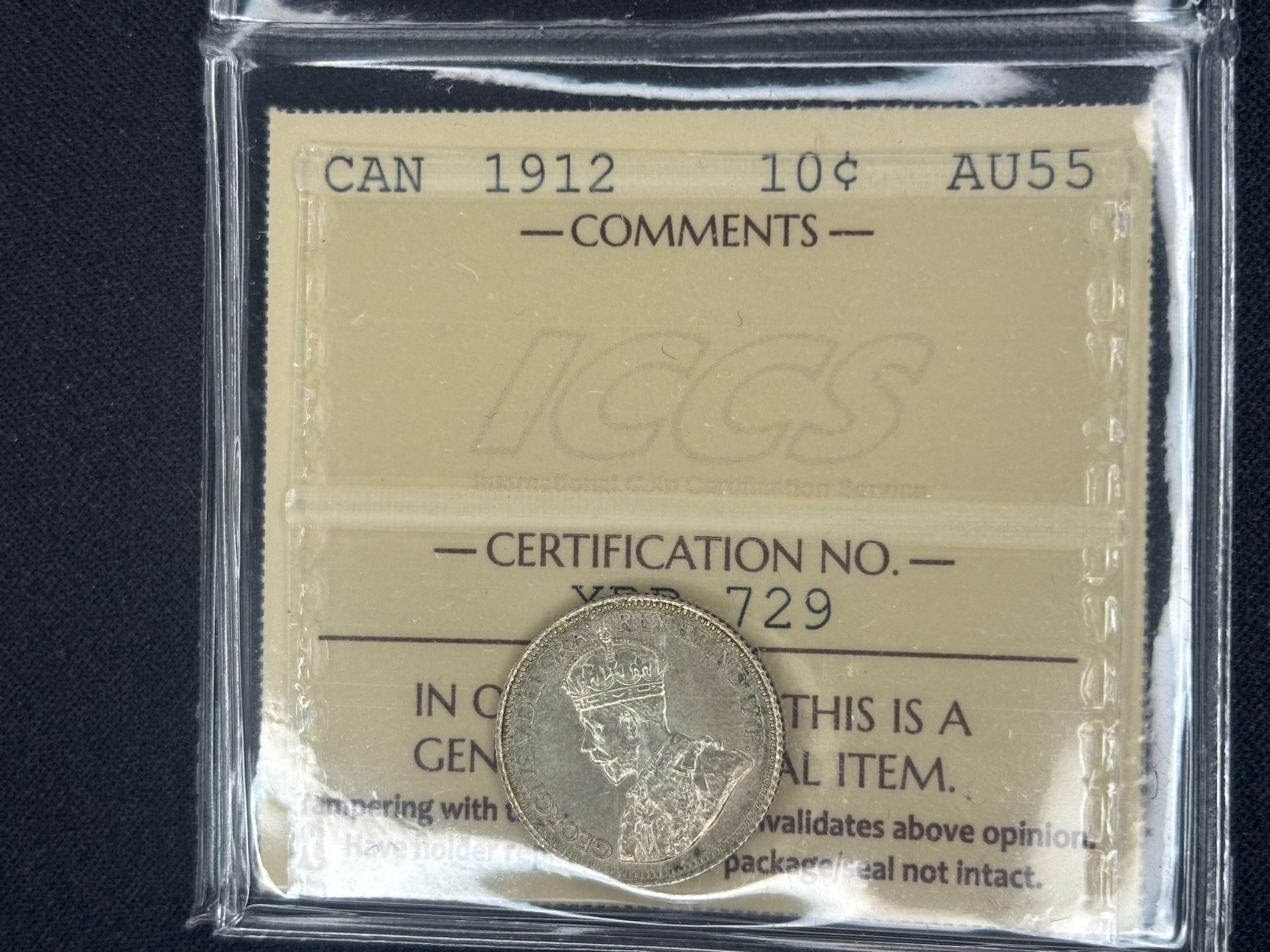 Canadian Silver Coin - 10 cents - 1912 - AU55 ICCS