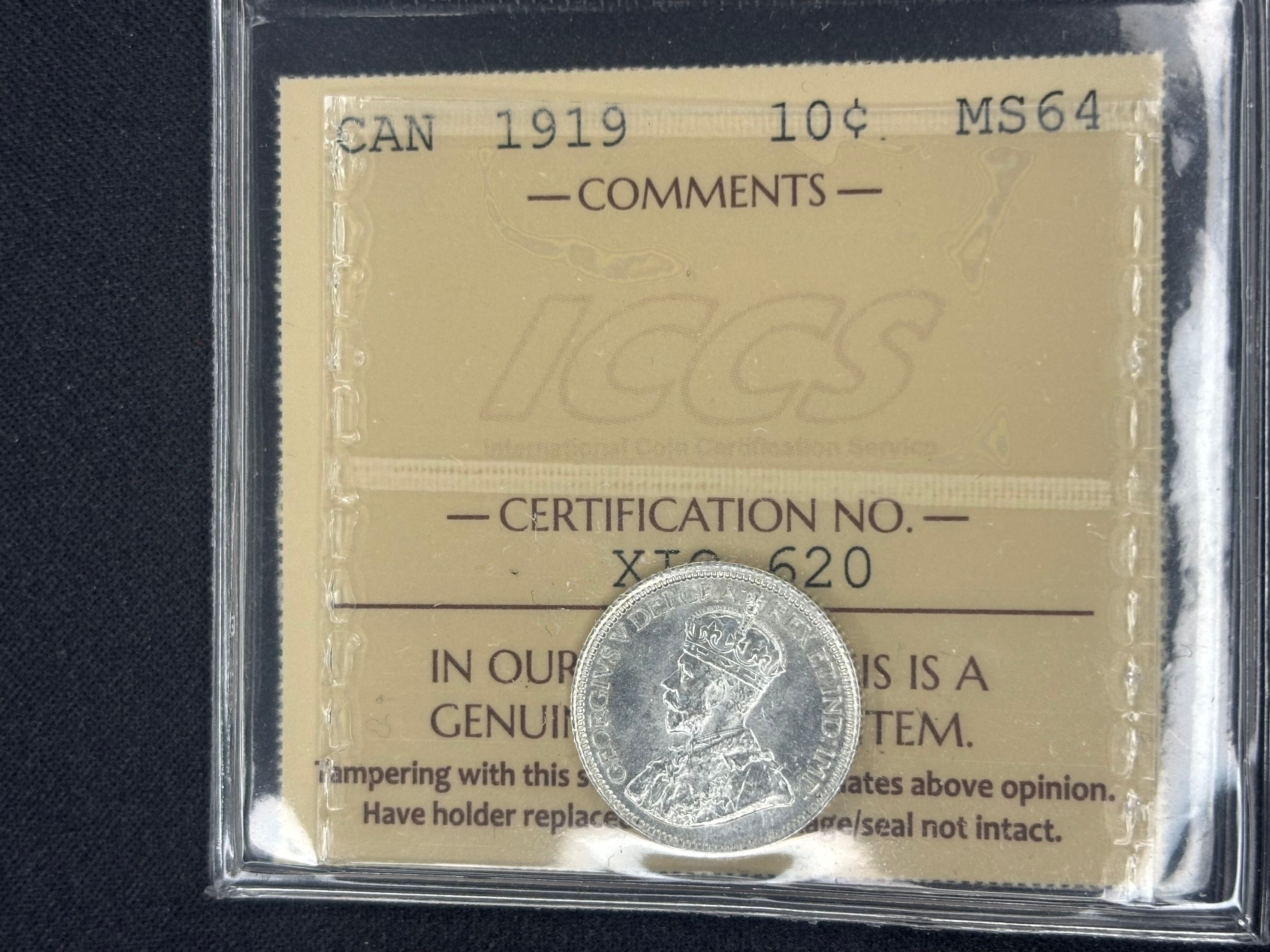 Canadian Silver Coin - 10 cents - 1919 - MS64 ICCS