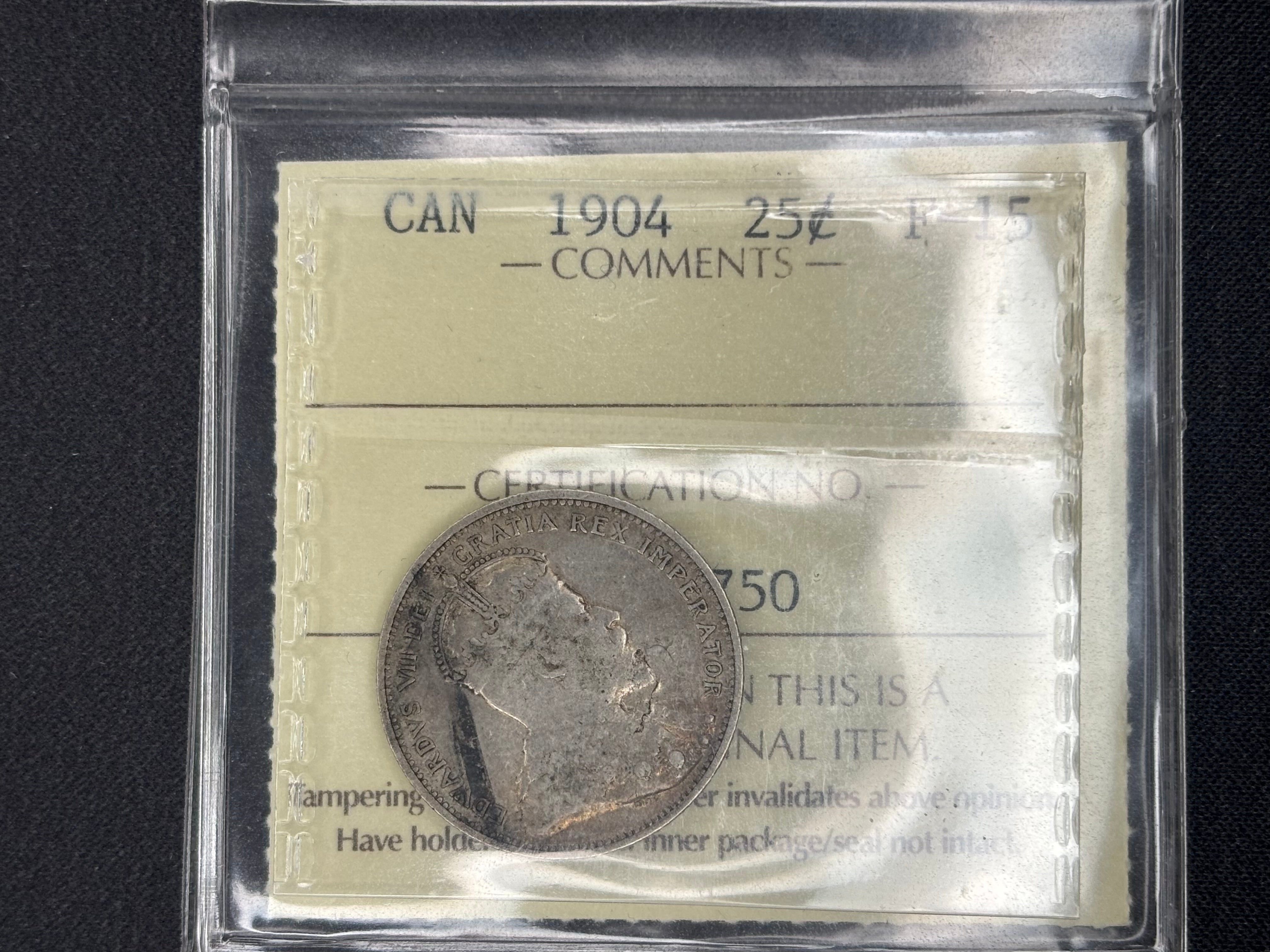 Canadian Silver Coin - 25 cents - 1904 - F15 ICCS