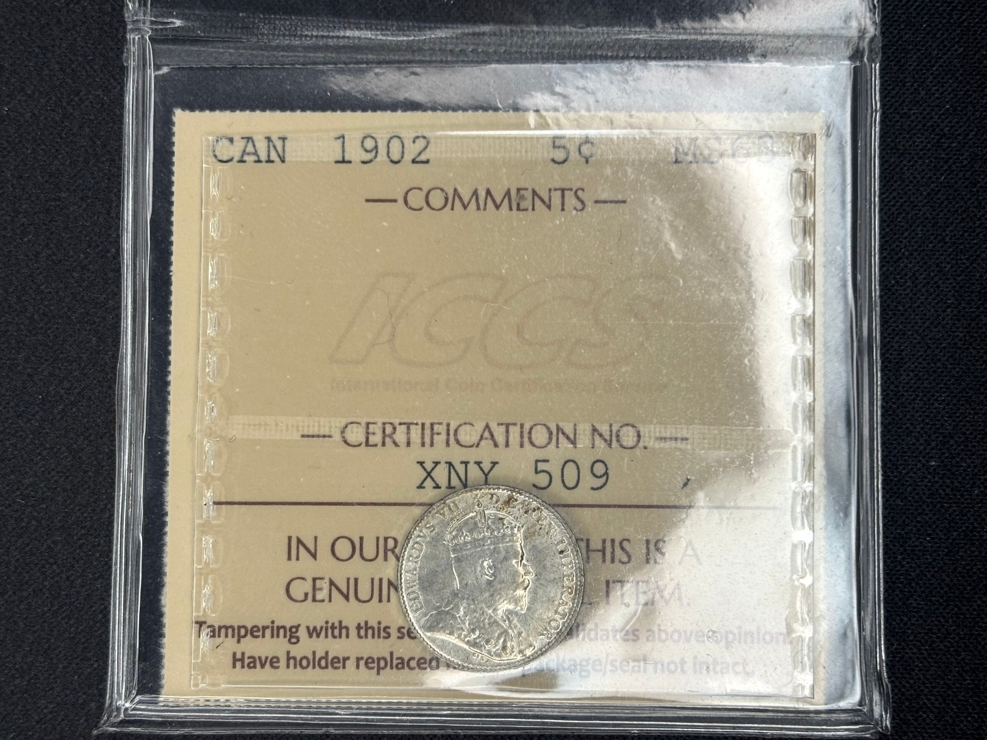 Canadian Silver Coin - 5 cents -1902  - MS63 ICCS