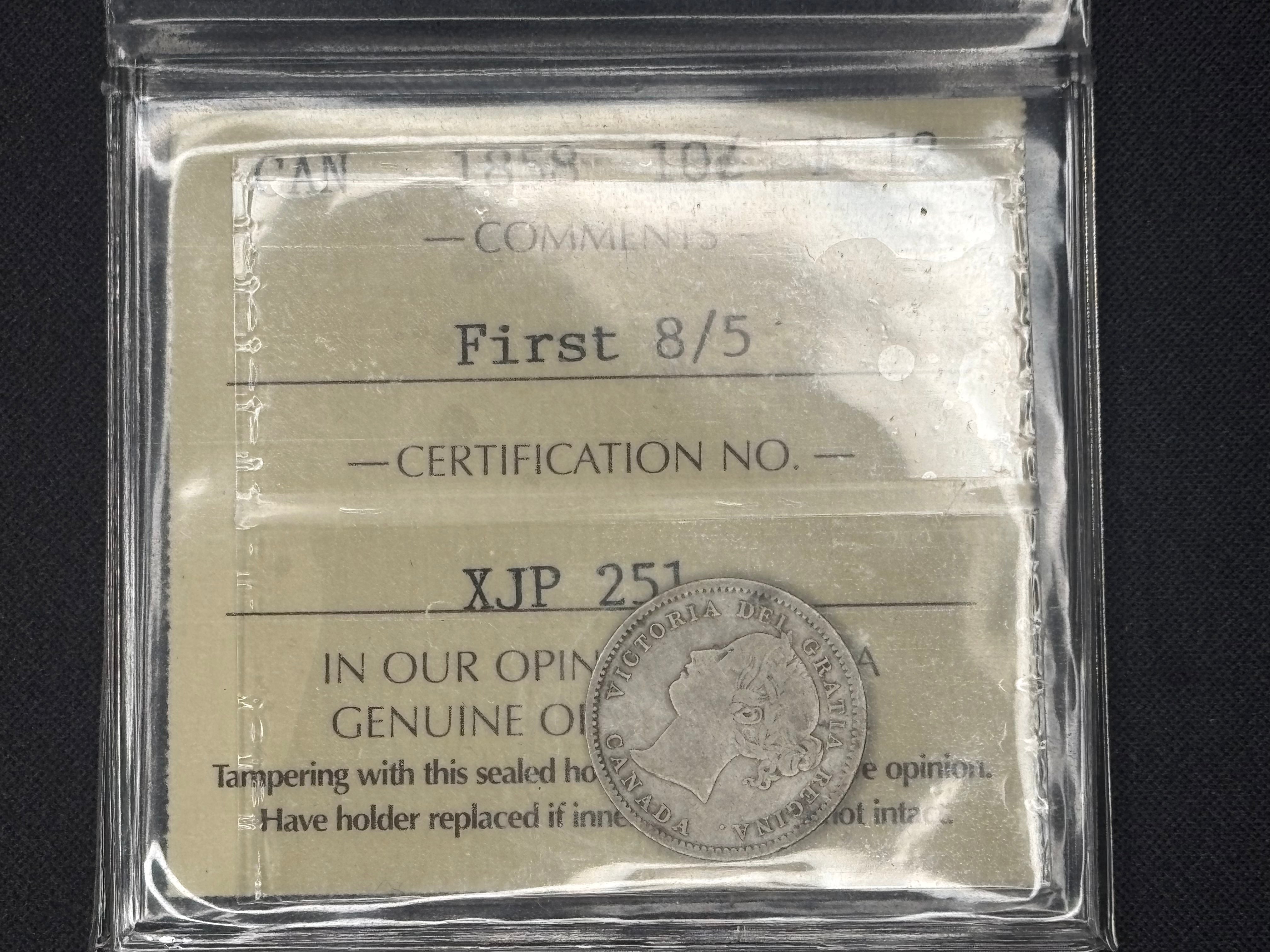 Scarce Canadian Silver Coin - 10 cents - 1858 First 8/5 - F12 ICCS