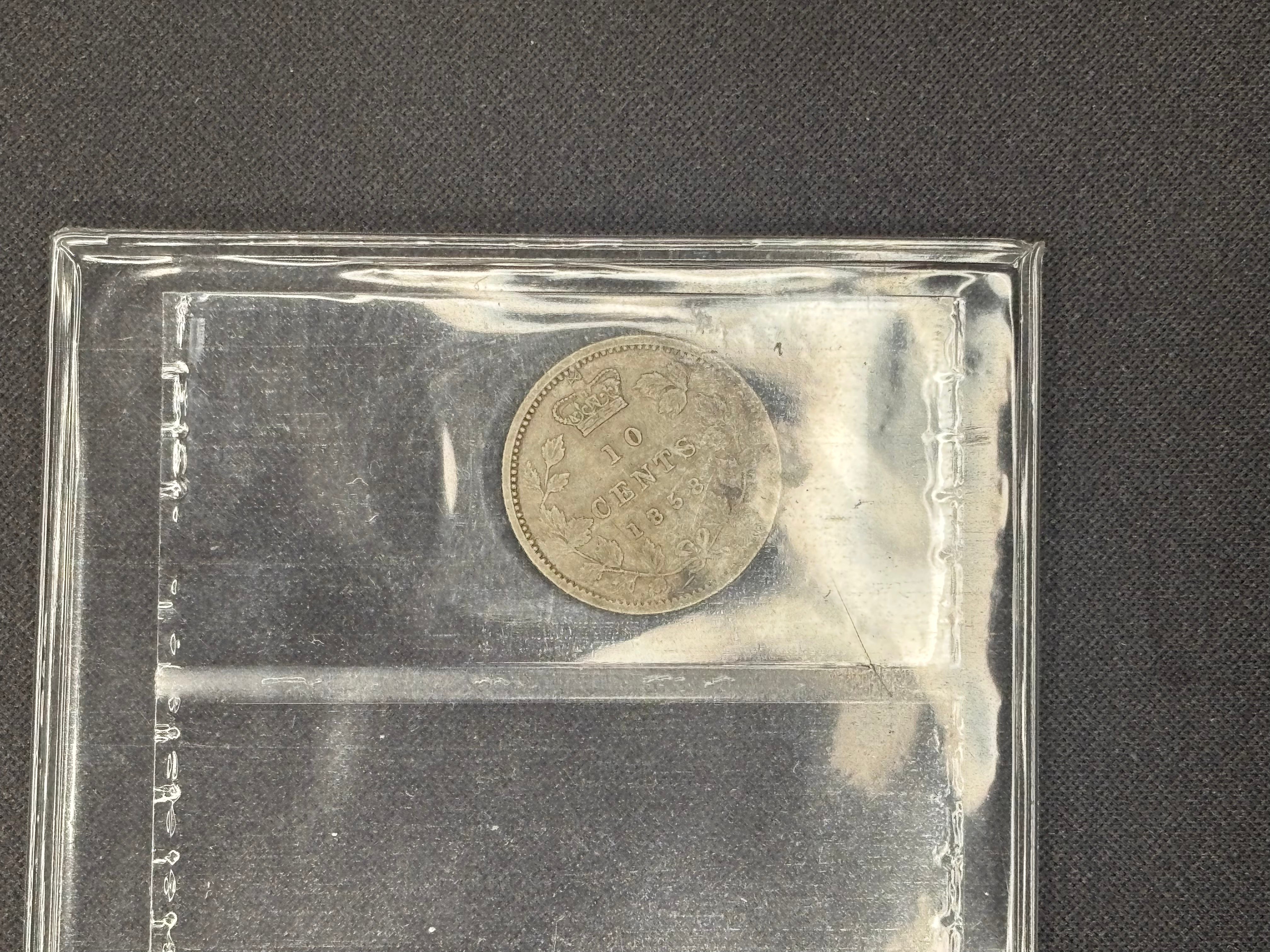 Scarce Canadian Silver Coin - 10 cents - 1858 First 8/5 - F12 ICCS