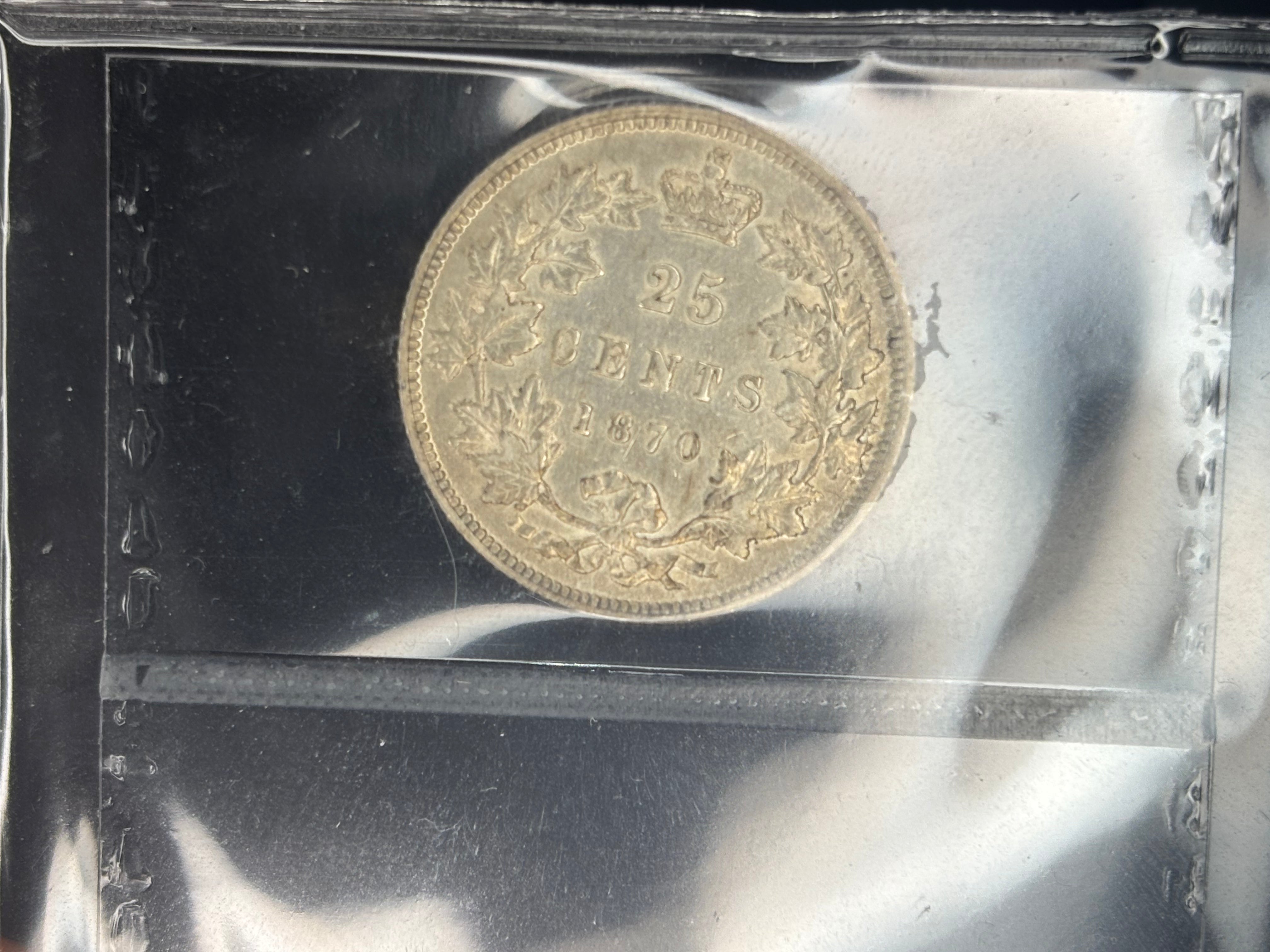 Canadian Silver Coin - 25 cents - 1870 Obv1 - EF40 ICCS