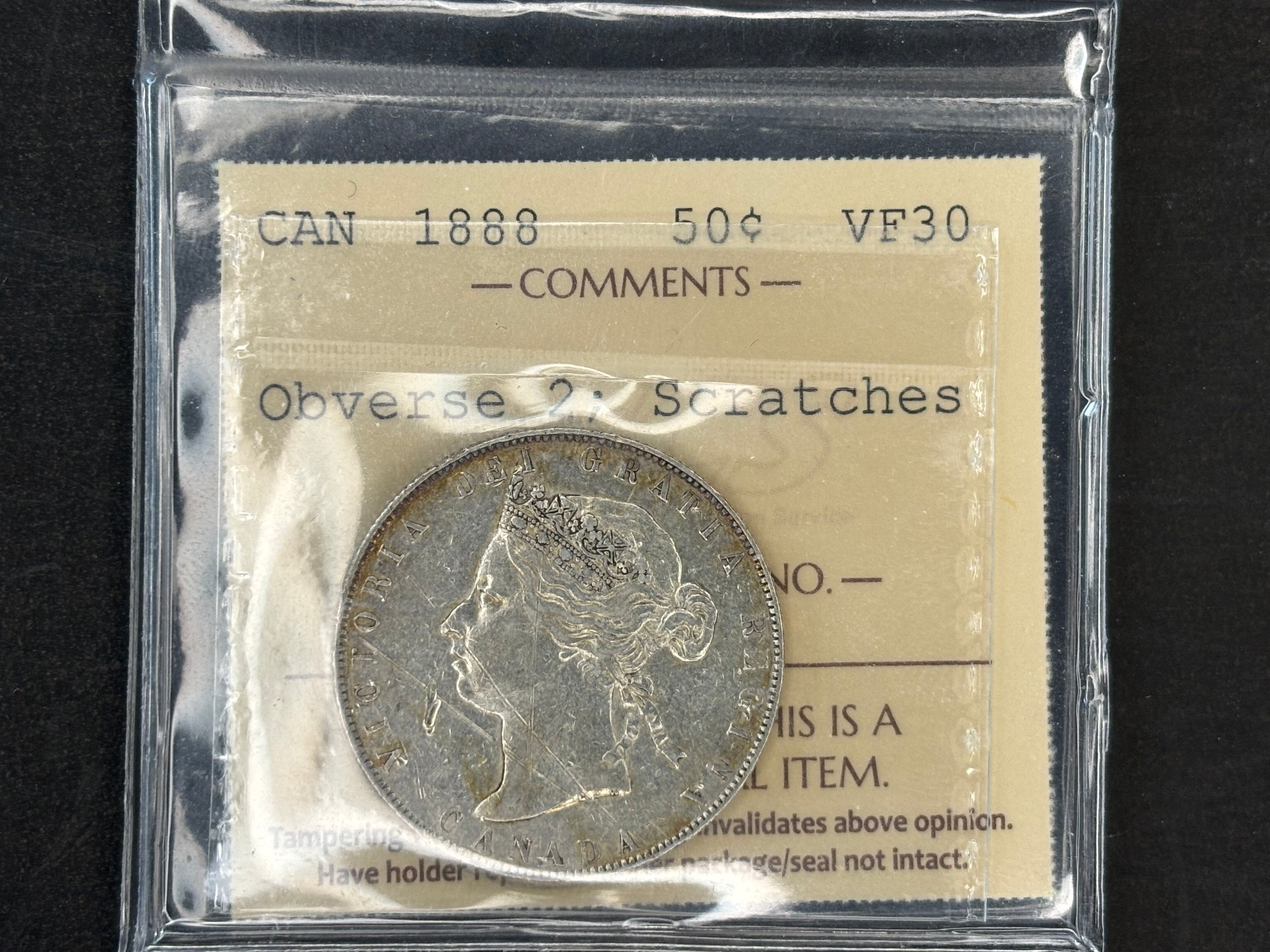 Pièce d'argent du Canada - 50 cents - 1888 Avers 2 / Rayure - ICCS VF30