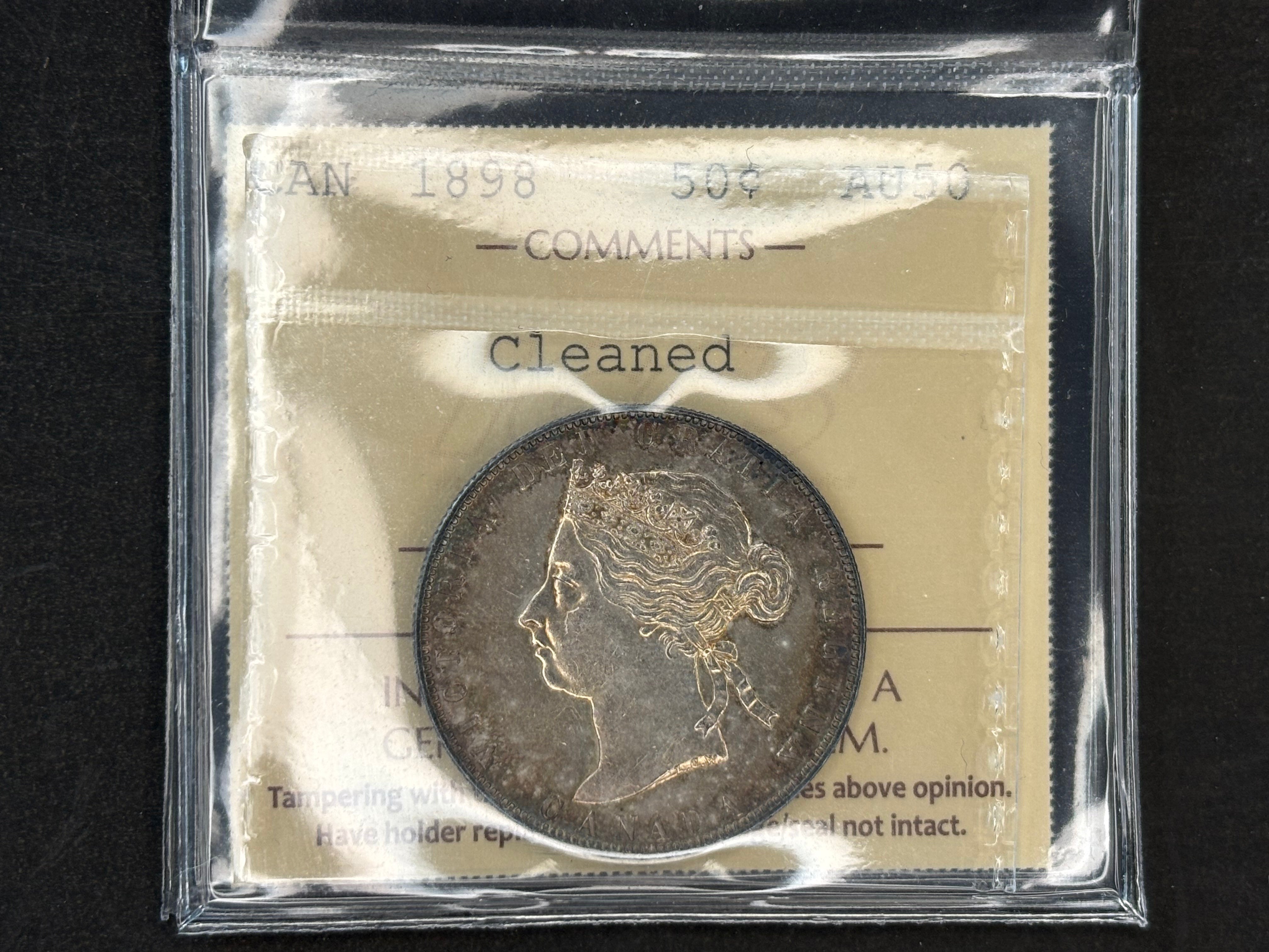 Pièce de monnaie canadienne en argent - 50 cents - 1898 / Nettoyée - ICCS AU50