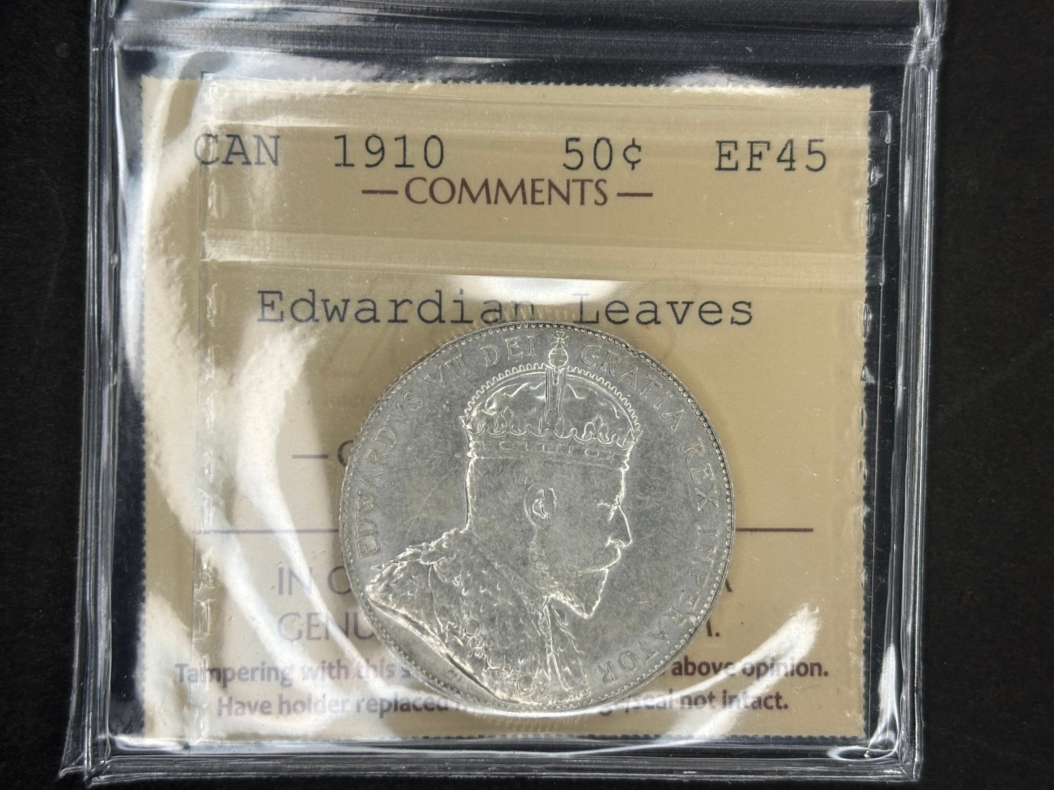 Pièce de monnaie en argent du Canada - 50 cents - 1910, époque édouardienne / ICCS EF45