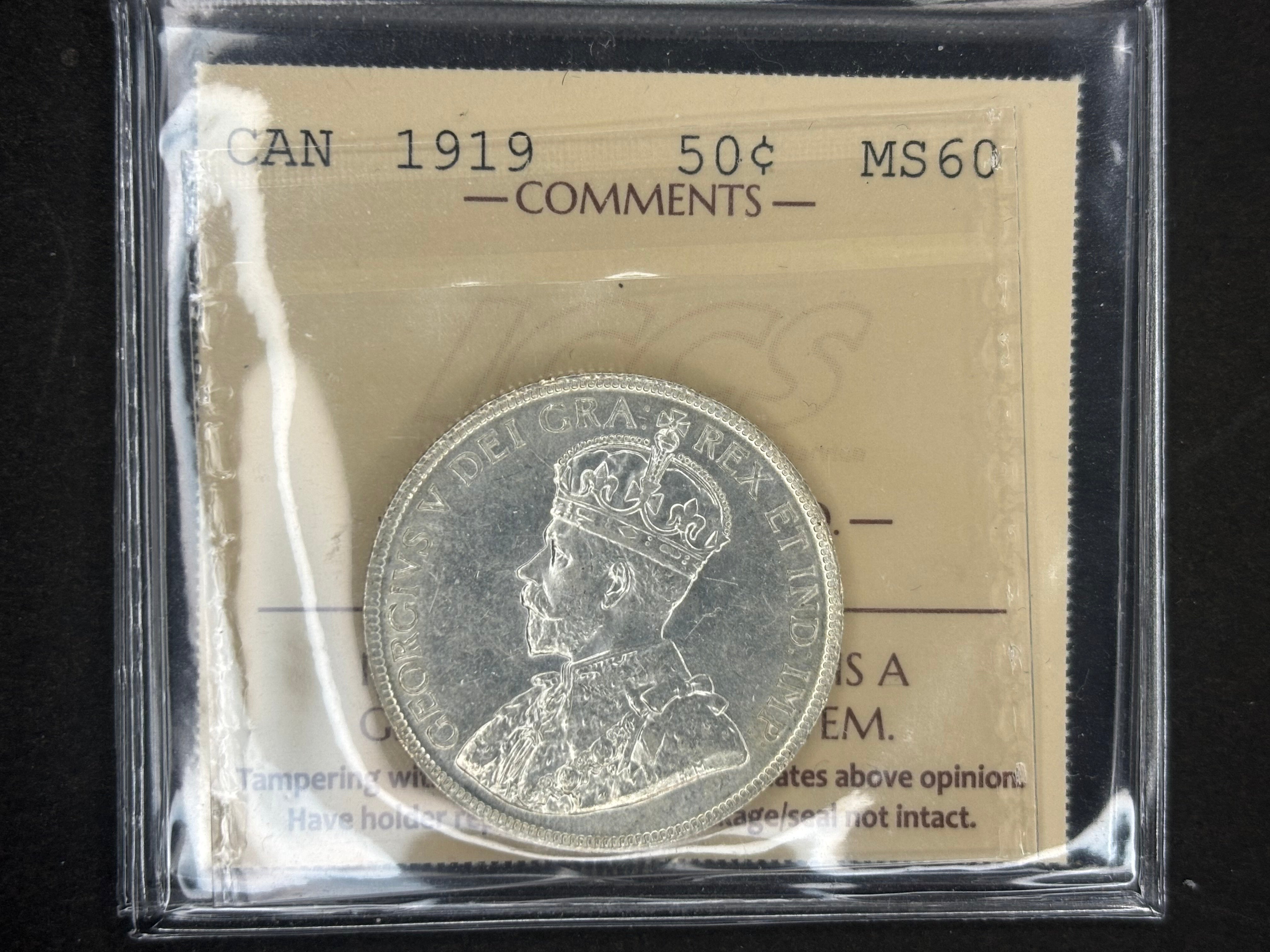 Pièce de monnaie en argent du Canada - 50 cents - 1919 / ICCS MS60