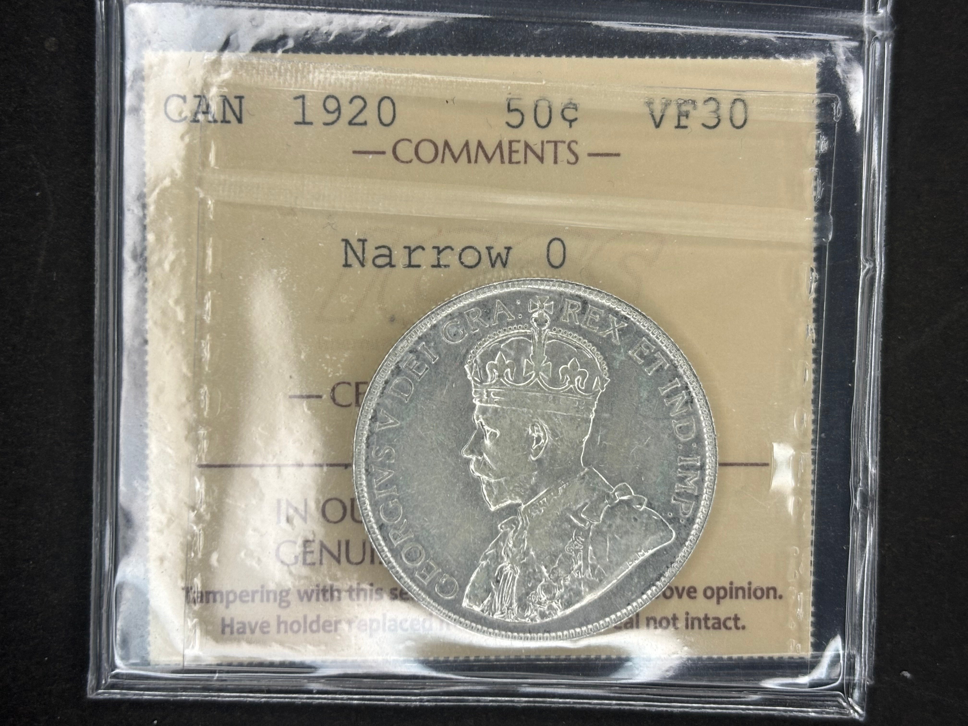 Pièce de monnaie en argent du Canada - 50 cents - 1920, format étroit / ICCS VF30