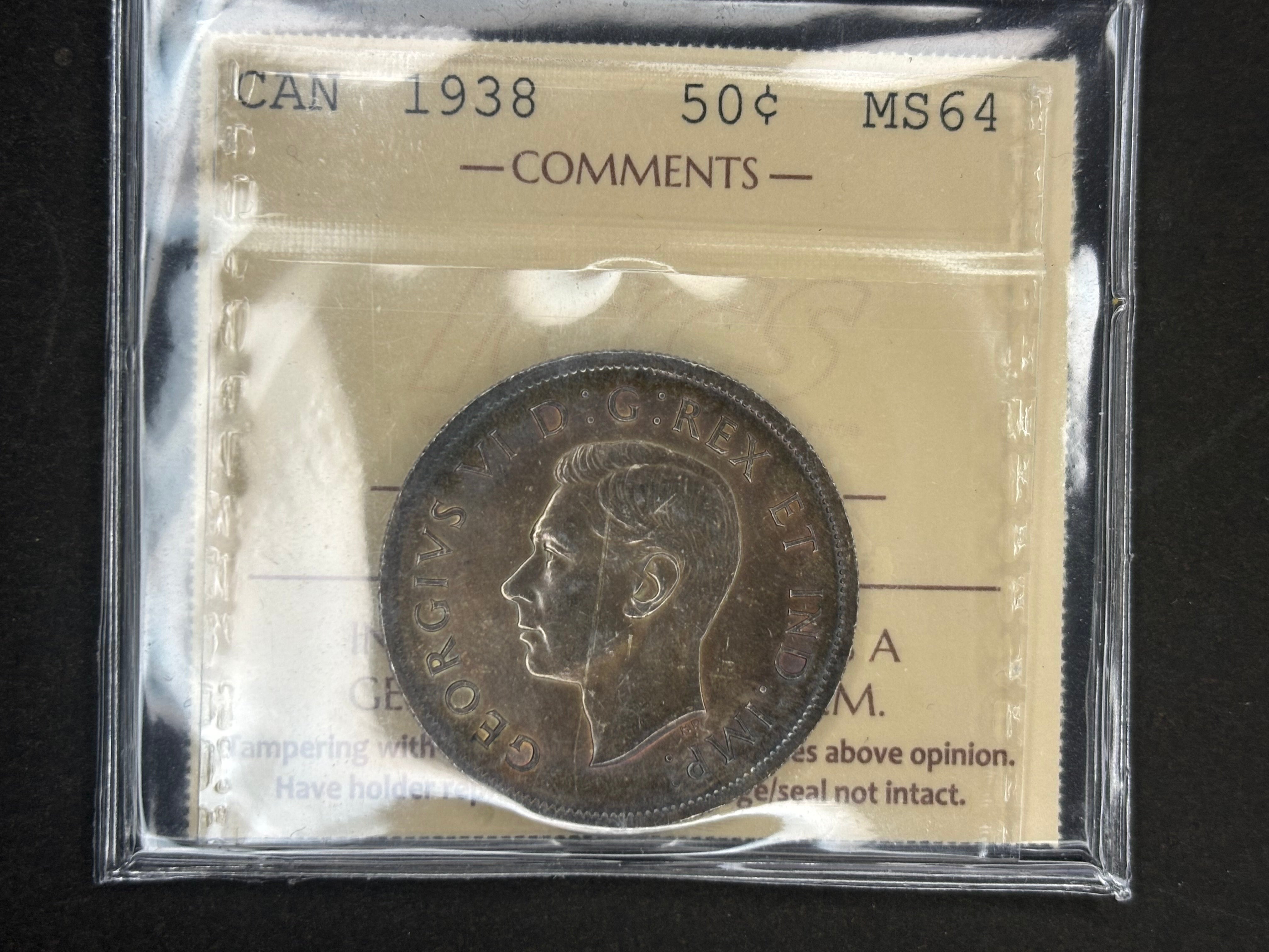 Pièce de monnaie en argent du Canada - 50 cents - 1938 / ICCS MS64