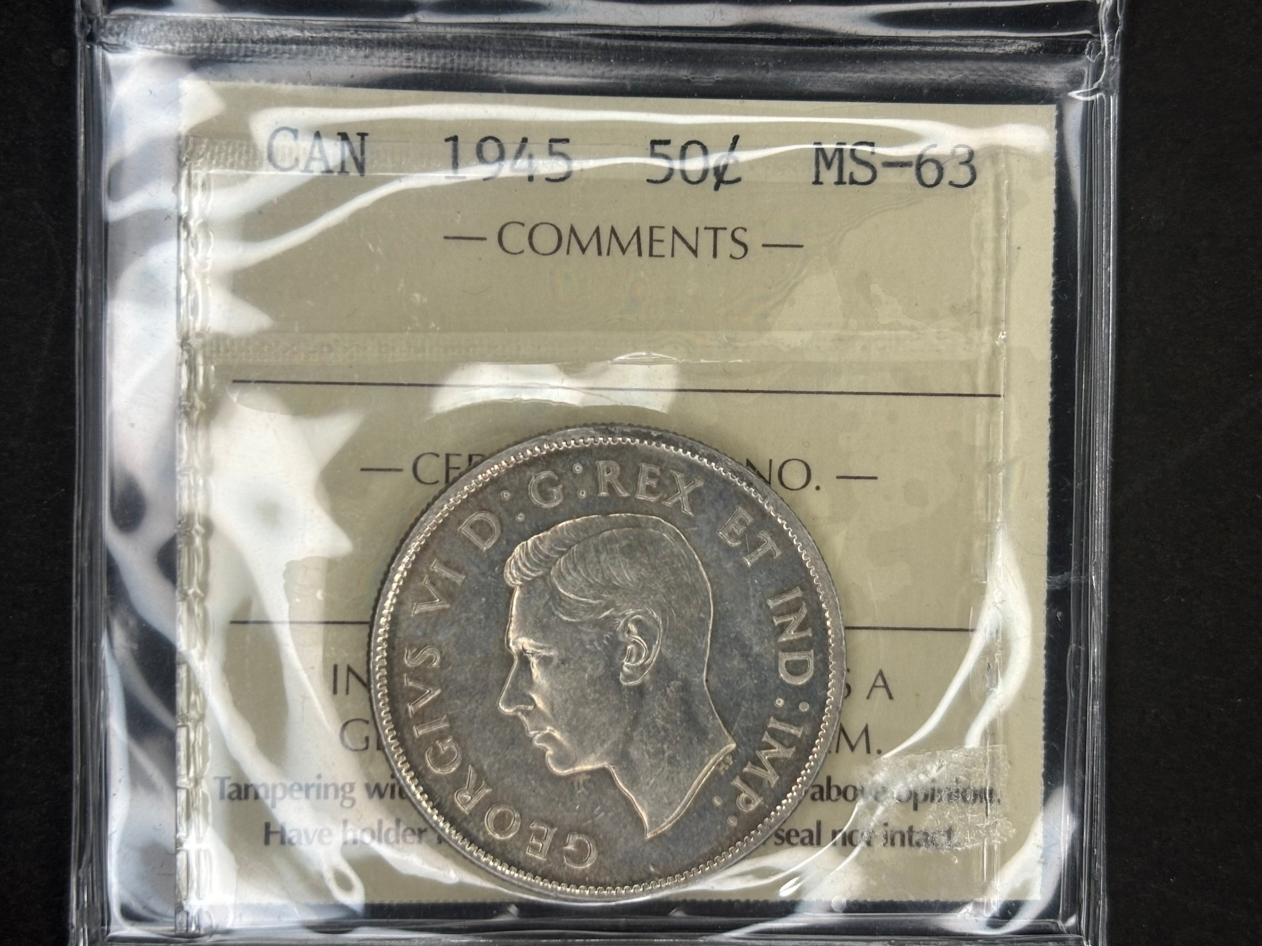 Pièce de monnaie en argent du Canada - 50 cents - 1945 / ICCS MS63