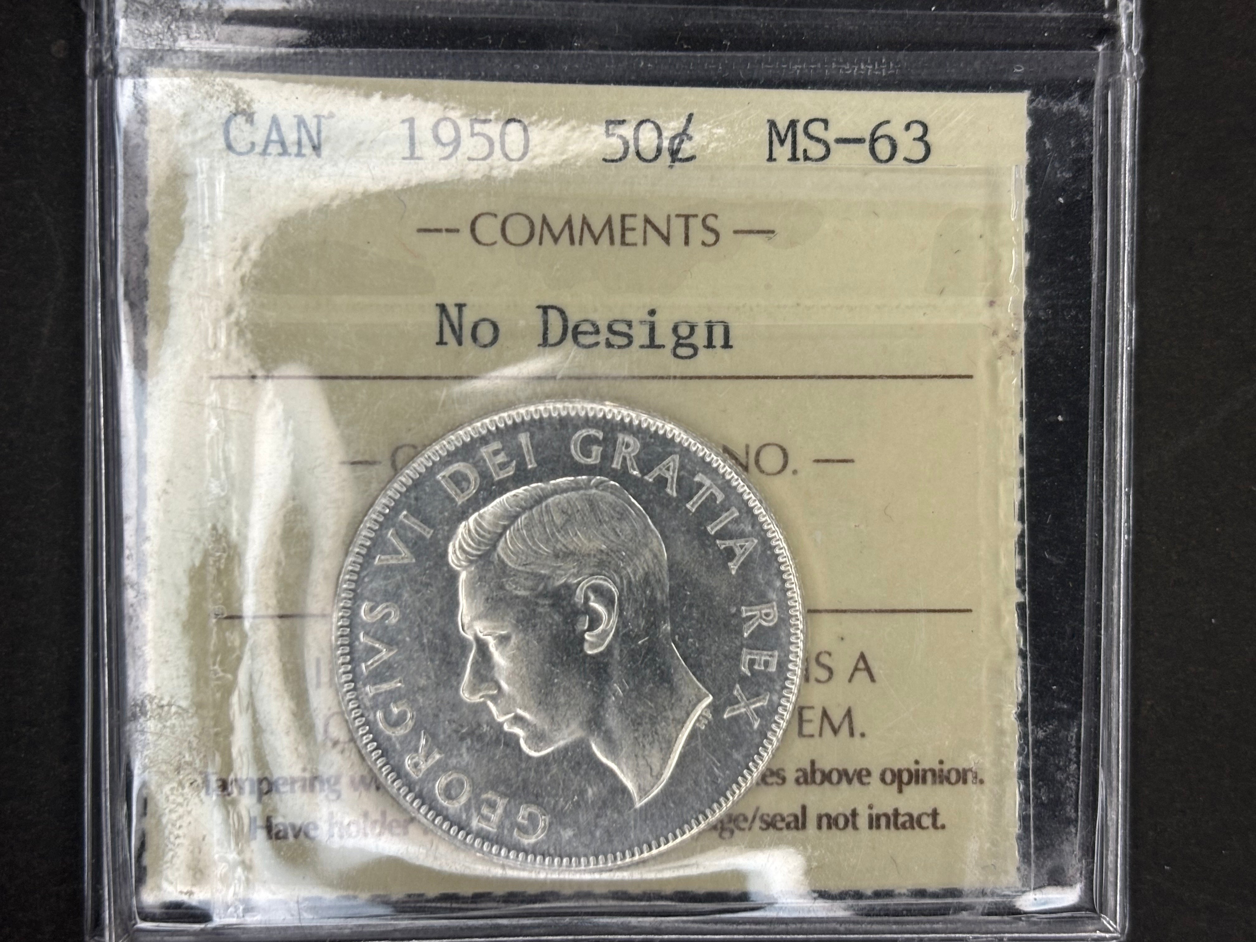 Pièce de 50 cents en argent du Canada - 1950 - Sans motif / ICCS MS63